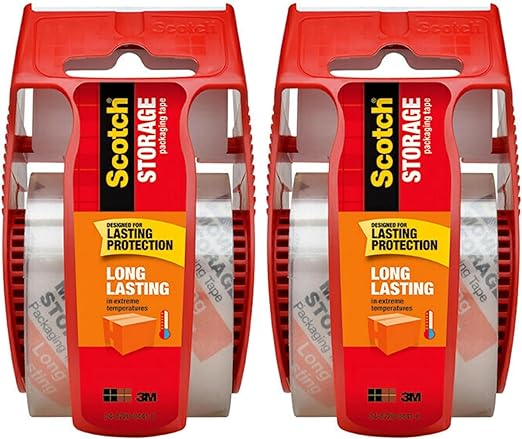 Scotch Long Lasting Storage Packing Tape with Dispenser, 1.88 in x 22.2 yd Roll, Clear – UV Resistant Adhesive for Moving, Shipping and Long-Term Storage (2 Rolls)