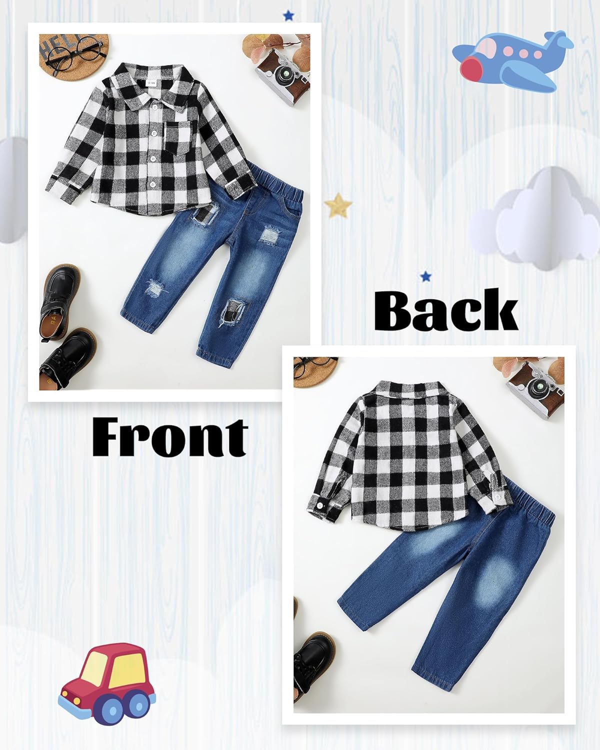 NZRVAWS Toddler Baby Boy Clothes Infant Plaid Pocket Shirt Denim Ripped Jean Pants Outfits Set 6-24 Months 2-5T - Image 3