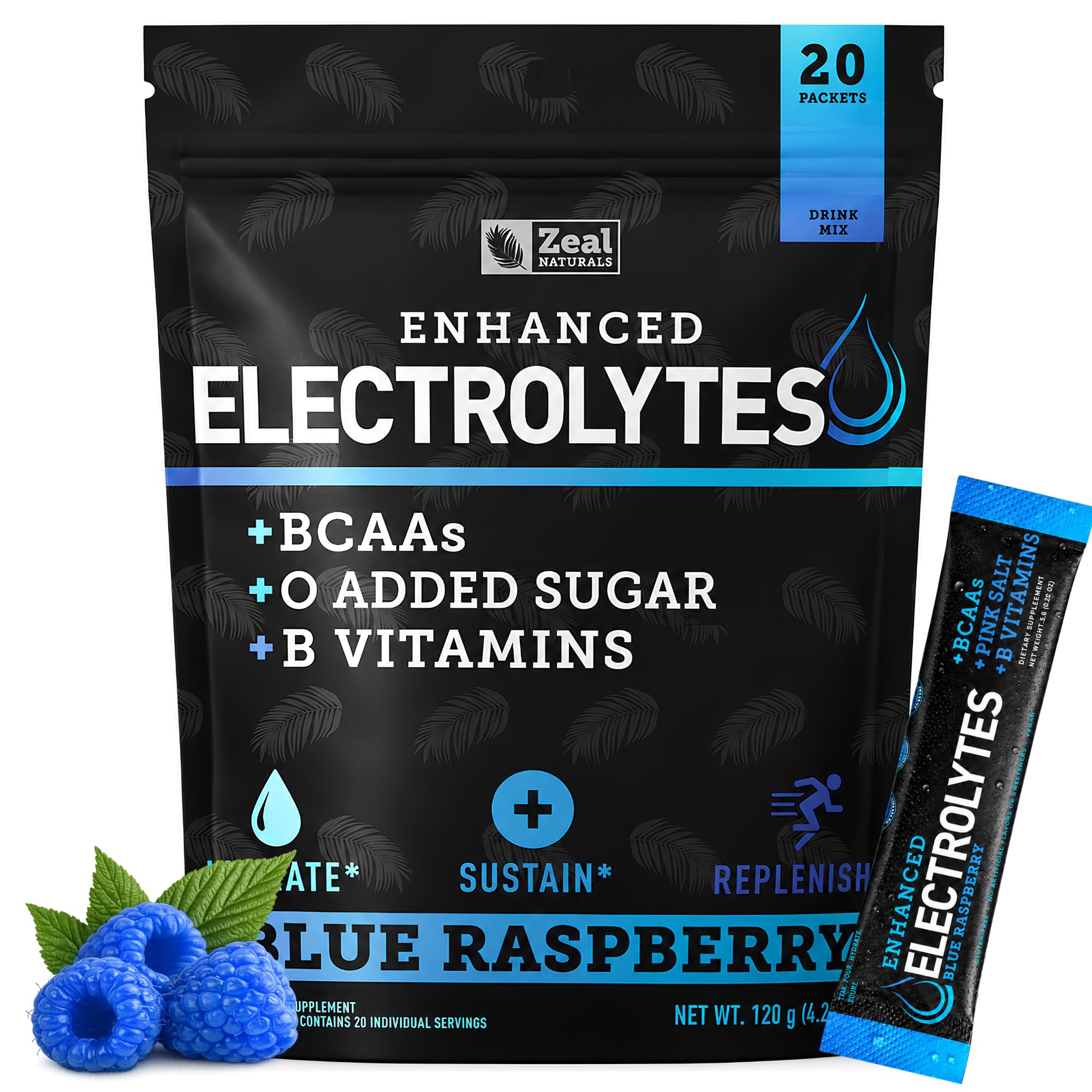 Zeal Naturals Suplemento de eletrólitos em pó com BCAAs, vitaminas do complexo B, potássio, zinco e magnésio, Blue Raspberry, 20 sachês