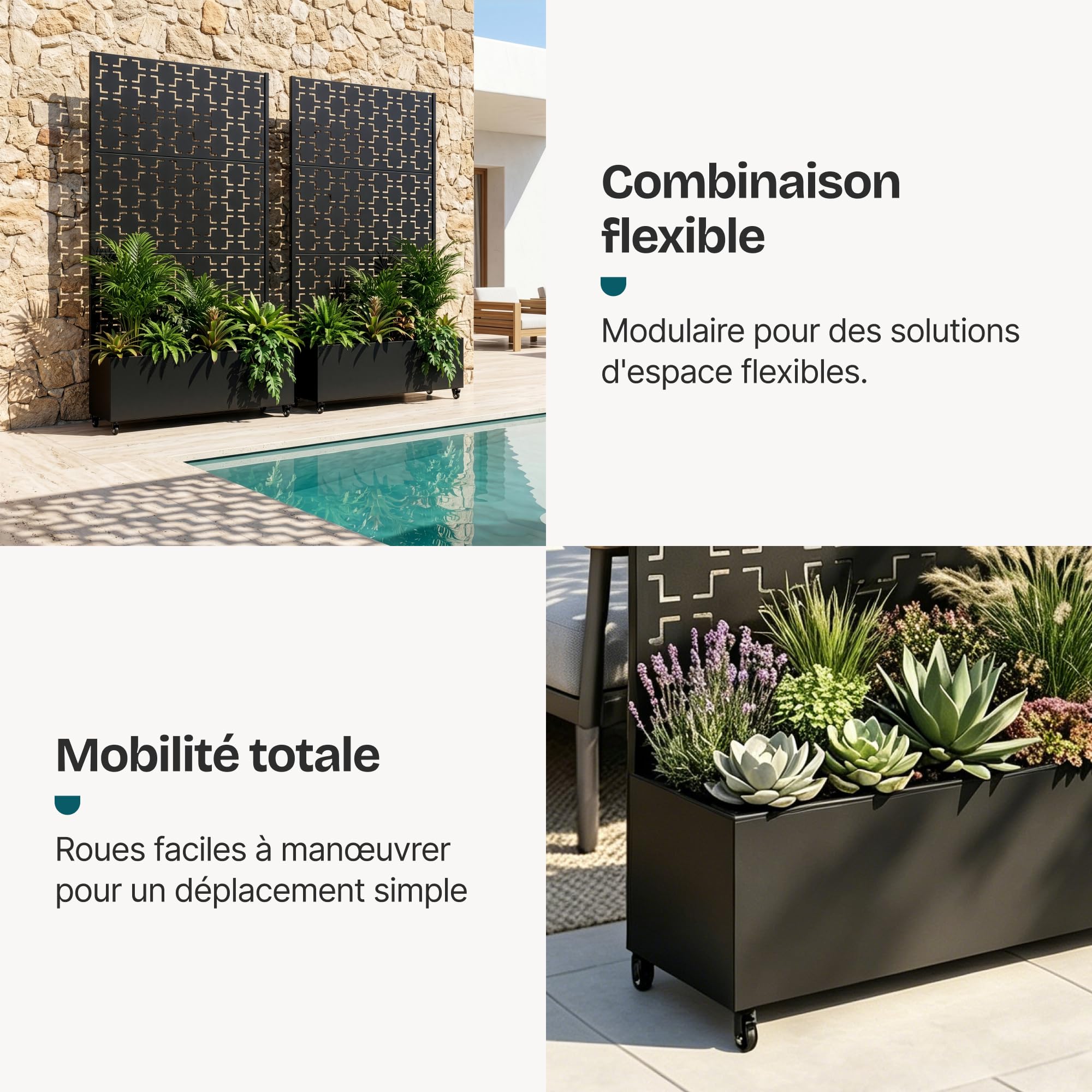 casa.pro Cloison de Séparation Aaskis 190 x 82 x 38 cm avec Bac à Fleurs Paravent Clôture avec Jardinière pour Extérieur Intérieur Jardin Terrasse Brise-Vue sur 4 roulettes Acier Galvanisé Noir