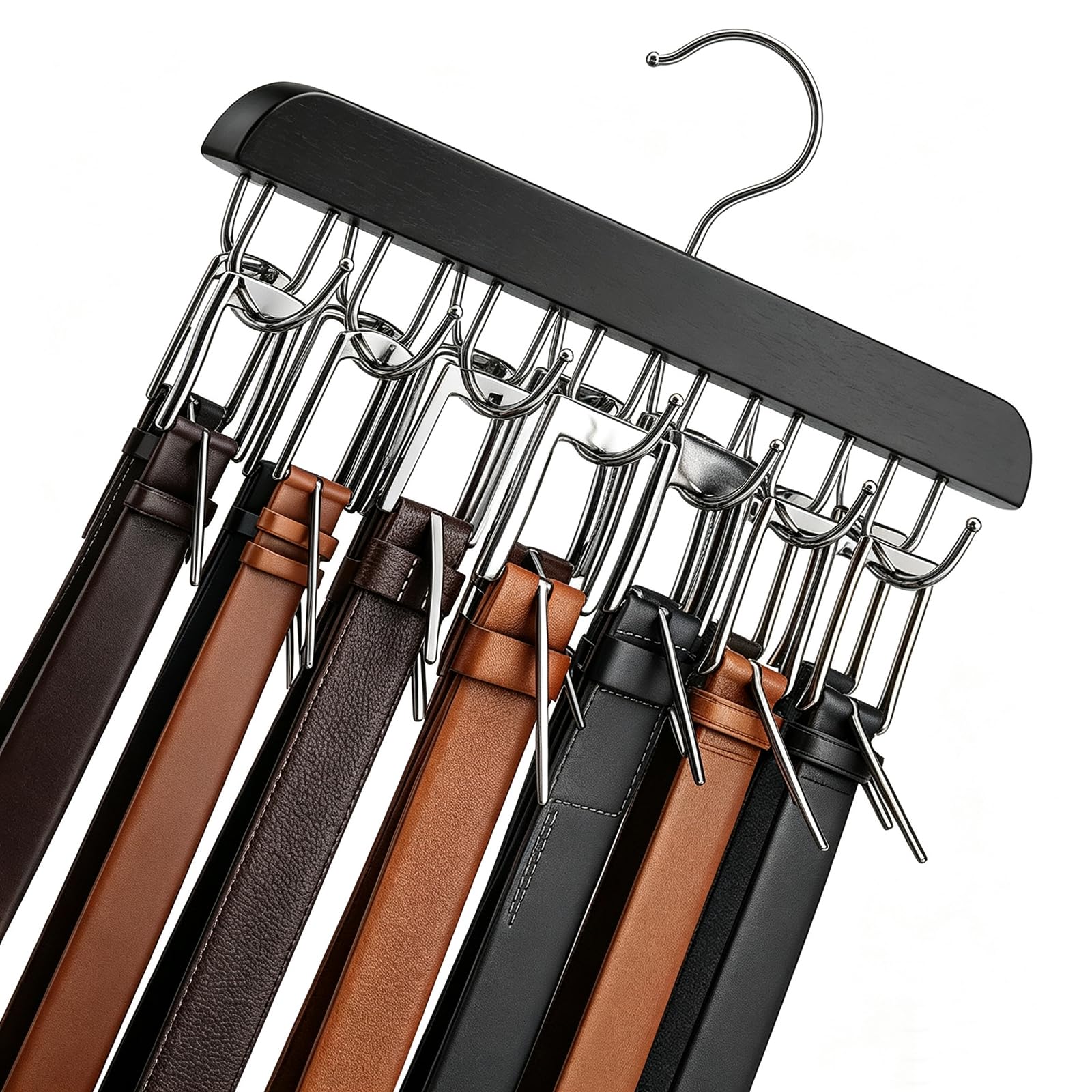 Wooden Belt Rack,Belt & Tie Hanger 2 in 1,with 14 Hooks for Closet