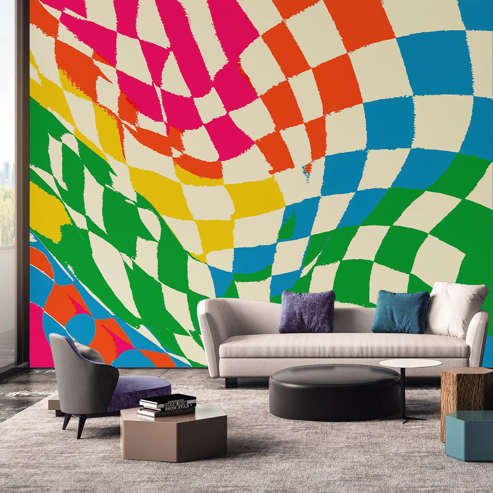 Retro 70s Wallpaper, Illusion Optical Y2k Checked Colorful Wallpaper Murals, Retro 70s Room Decor Wall Art for Bedroom Kitchen Living Room 500L x 280W cm