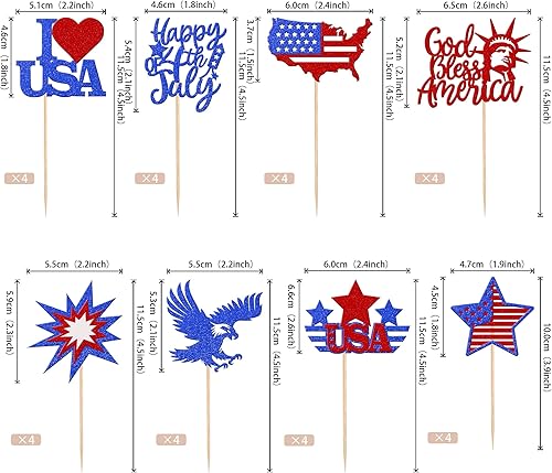 Miniatura 2 de 32 piezas de decoración para cupcakes del Día de la Independencia del 4 de julio, con purpurina, fuegos artificiales, estrella, mapa, bandera, Dios