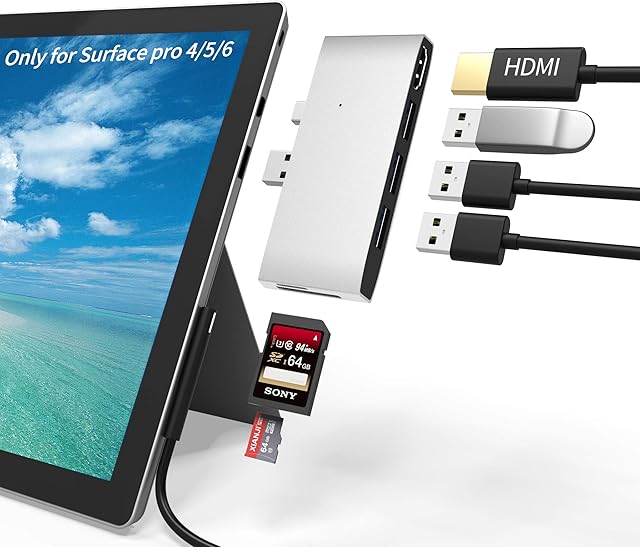 Surface Pro 4/Pro 5/Pro 6 Docking Station USB Hub USB 3.0x3 Hub Adapter, SD & TF/Micro SD Memory Card Reader, 4K HDMI Port Converter Accessories for Microsoft Surface Pro 6/5 /4