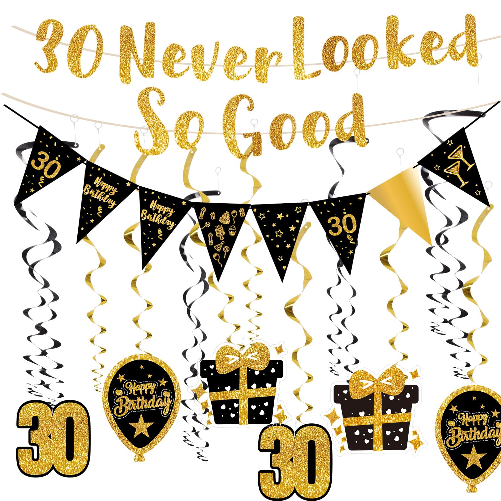 OuMaiFeng 30 Geburtstag Männer Deko,Party Deko 30er Geburtstag Frauen,Deko 30 Geburtstag Mann Geschenk,Goldfarbenes Glitzer-Banner,Partydeko,Luftschlangen,Hängende Wirbel