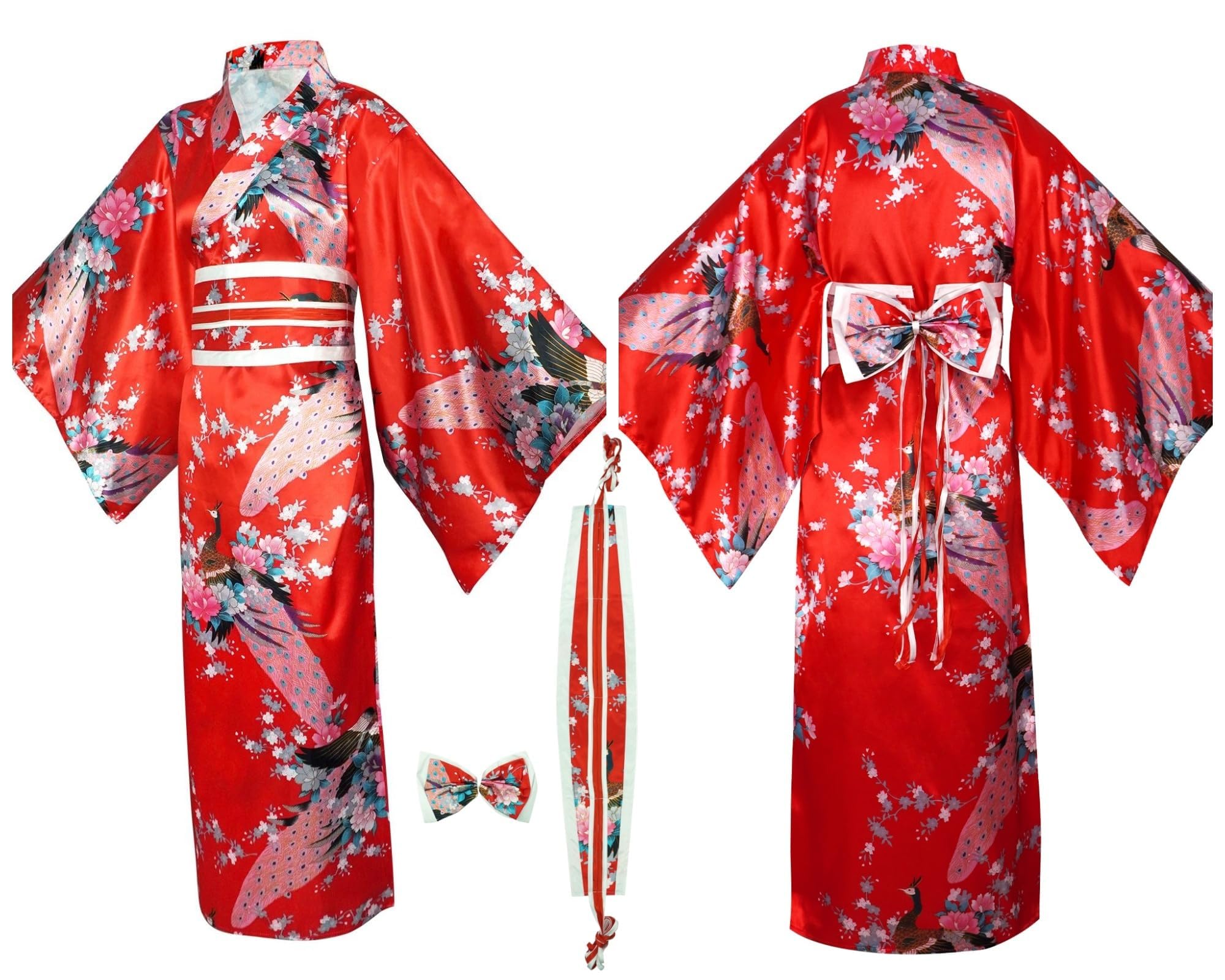 Ensemble Kimono Japonais Femme 9 Pièces - Yukata Satin avec Obi, Nœud Papillon, Masque Renard, Éventail, Tabi, Pochette et Barrette - Déguisement Geisha Large pour Carnaval & Cosplay Coffret Cadeau