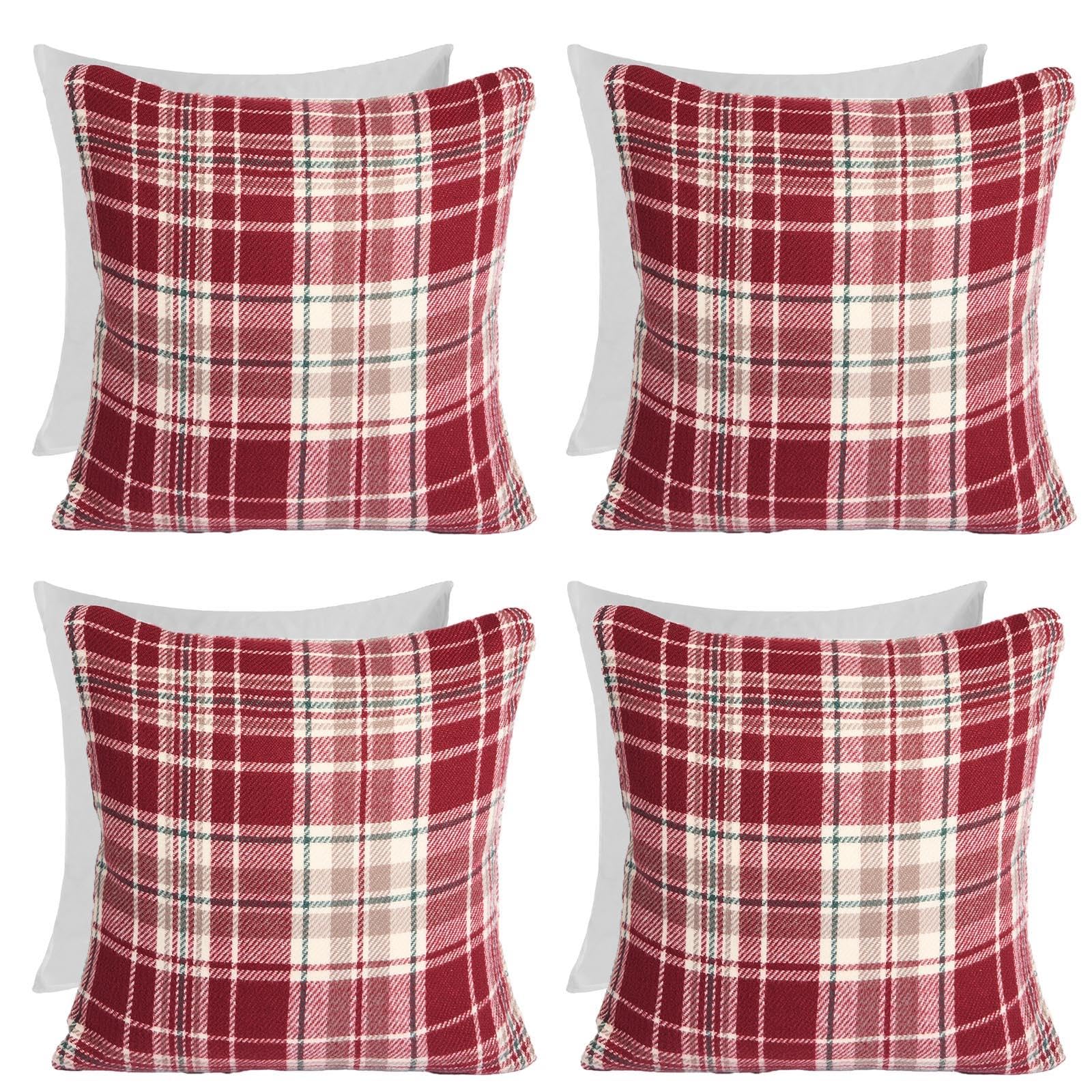 Ohs Red Dorset Woven Check Cushions, 45 X 45 Soft Comfy Decorative Cushion Covers With Inserts Sofa Cushions Throw Square Pillows For Living Room Bedroom, Set Of 4