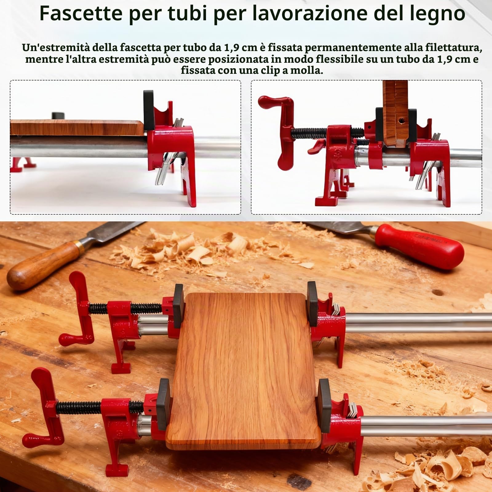 Set Di 6 Morsetti Per Tubi Da 3/4", 4 Morsetti A Sgancio Rapido con 2 Tubi In Acciaio Da 60 cm per Lavorazioni Di Falegnameria Fascette Stringitubo Per La Lavorazione Del Legno