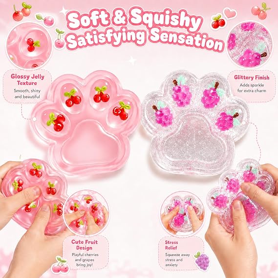 2 PCS Cherry Squishy, Taba Squishy Paw, Fidget Focus Improvement, Two 7 cm Fruit Cat Paw Designs for Daily Relaxation ﻿