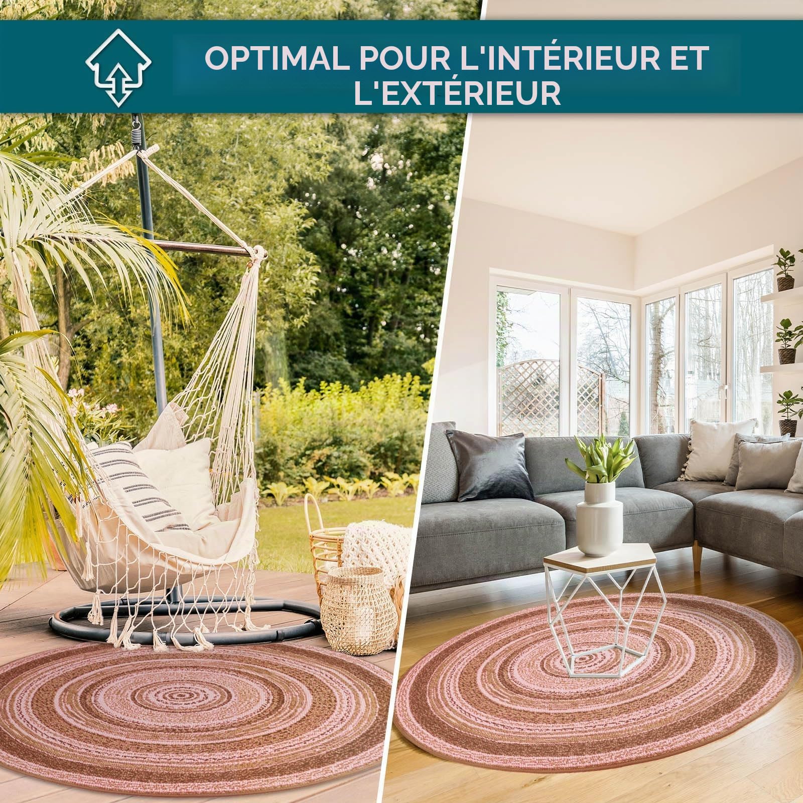 Floordirekt | Tapis Extérieur & Intérieur tissé Plat, Lavable, Résistant aux UV | Certifié Öko-Tex | Idéal pour la terrasse, Le Balcon, la Cuisine et Le Salon | Zoe Terra, Ø 120cm