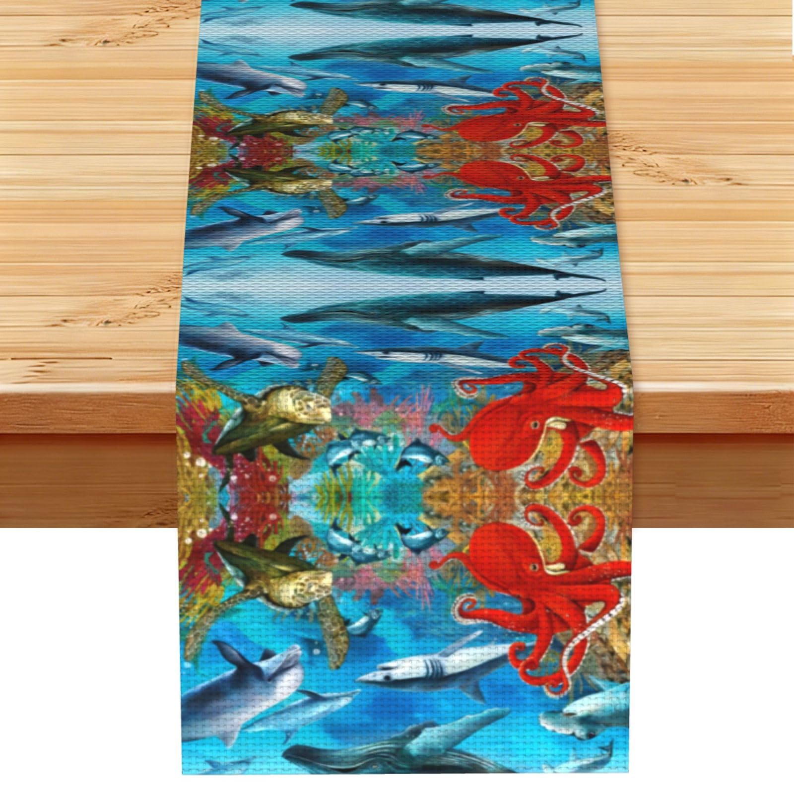 Dolphins Sea Turtle Octopus Coral Reef Linen Feel Table Runner Wedding Party Home Decoration
