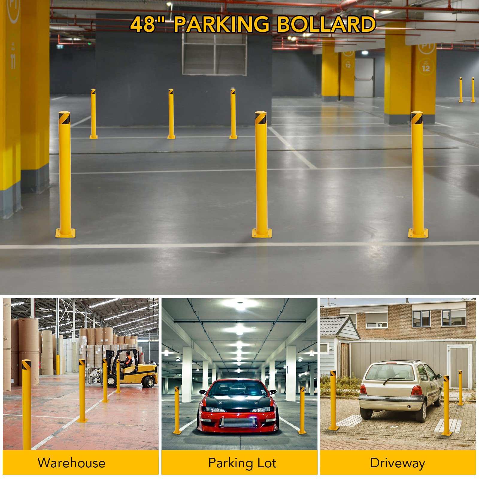 Safety Bollard Post 48" Height, 4.5" Diameter, 6 Packs Yellow Steel with Anchor Bolts - Easy Installation, Stable Base Plate, High Visibility - Ideal for Traffic Control, Driveway Barrier