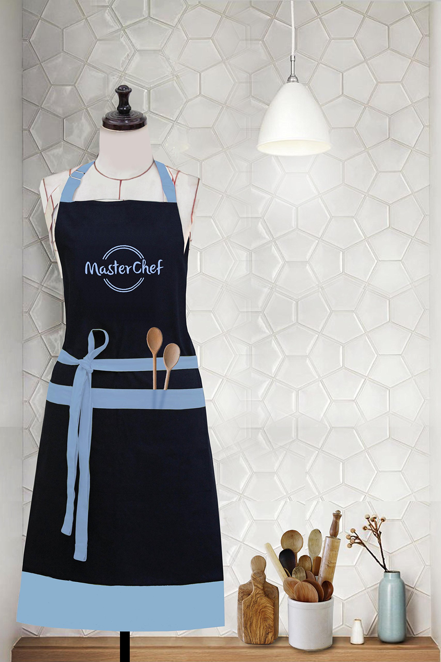Milano Home MasterChef Embroidered Polycotton Apron with Adjustable Neck & Centre Pockets, Water & Stain Resistant - Blue