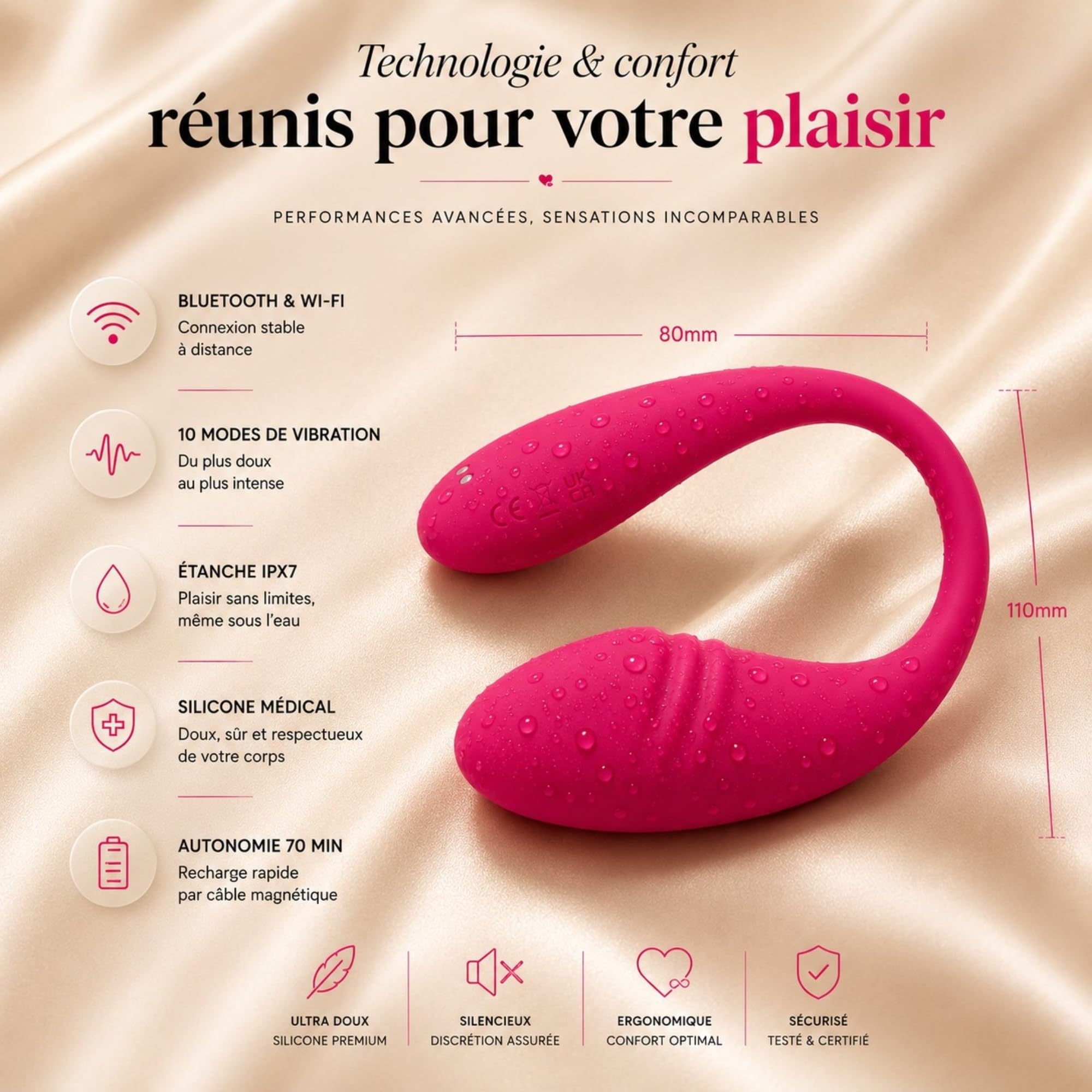 LEVO Oeuf Vibrant Connecté Téléphone Sex Toys Femme Couple à Distance Silencieux 45 dB, Télécommande 5m + App iOS Android, 9 Modes + Perso, IPX7 Étanche, Silicone Médical, USB