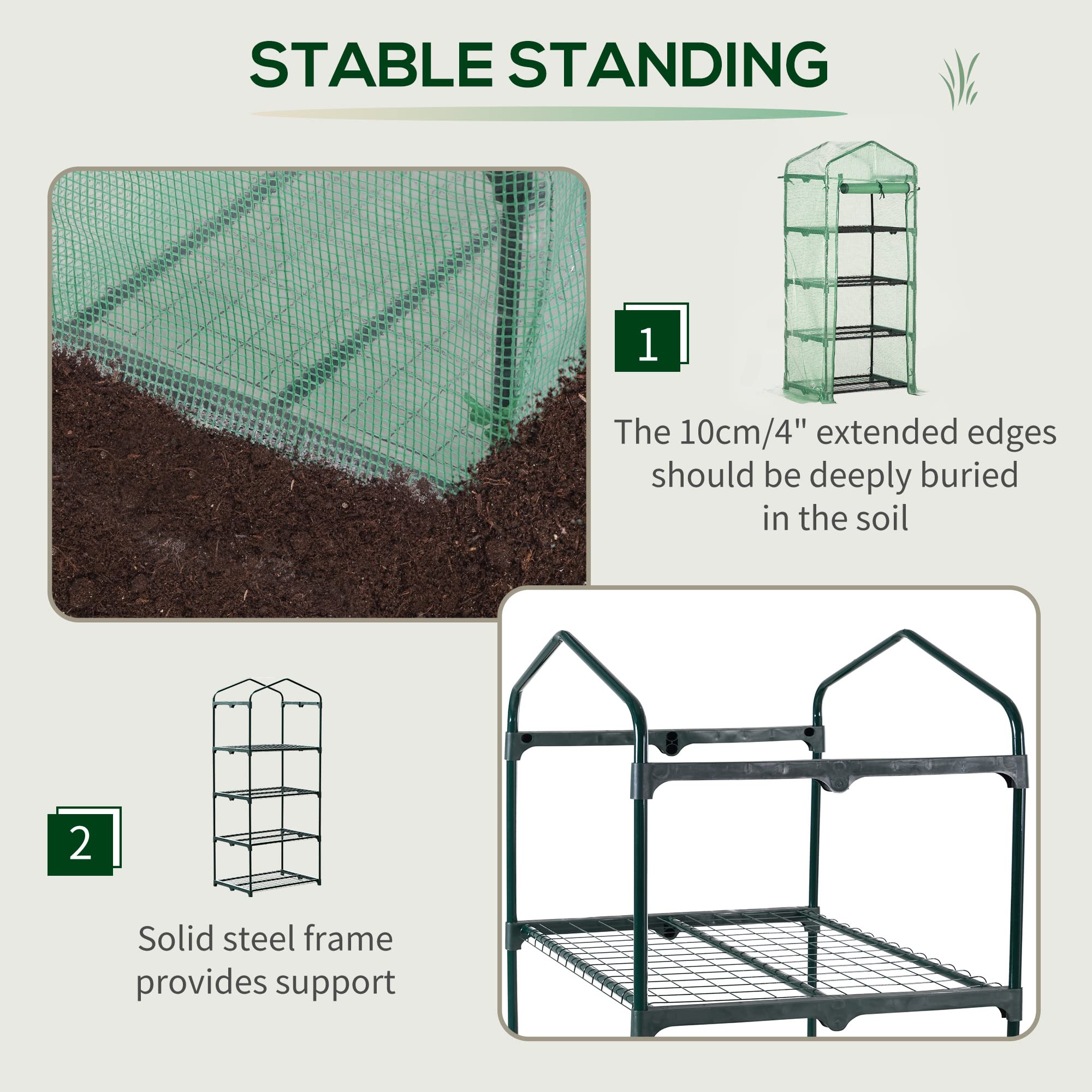 Outsunny 4 Tier Mini Greenhouse, Portable Compact Green House with Steel Frame, PE Cover, Roll-up Door, 70 x 50 x 160 cm, Green - Image 3