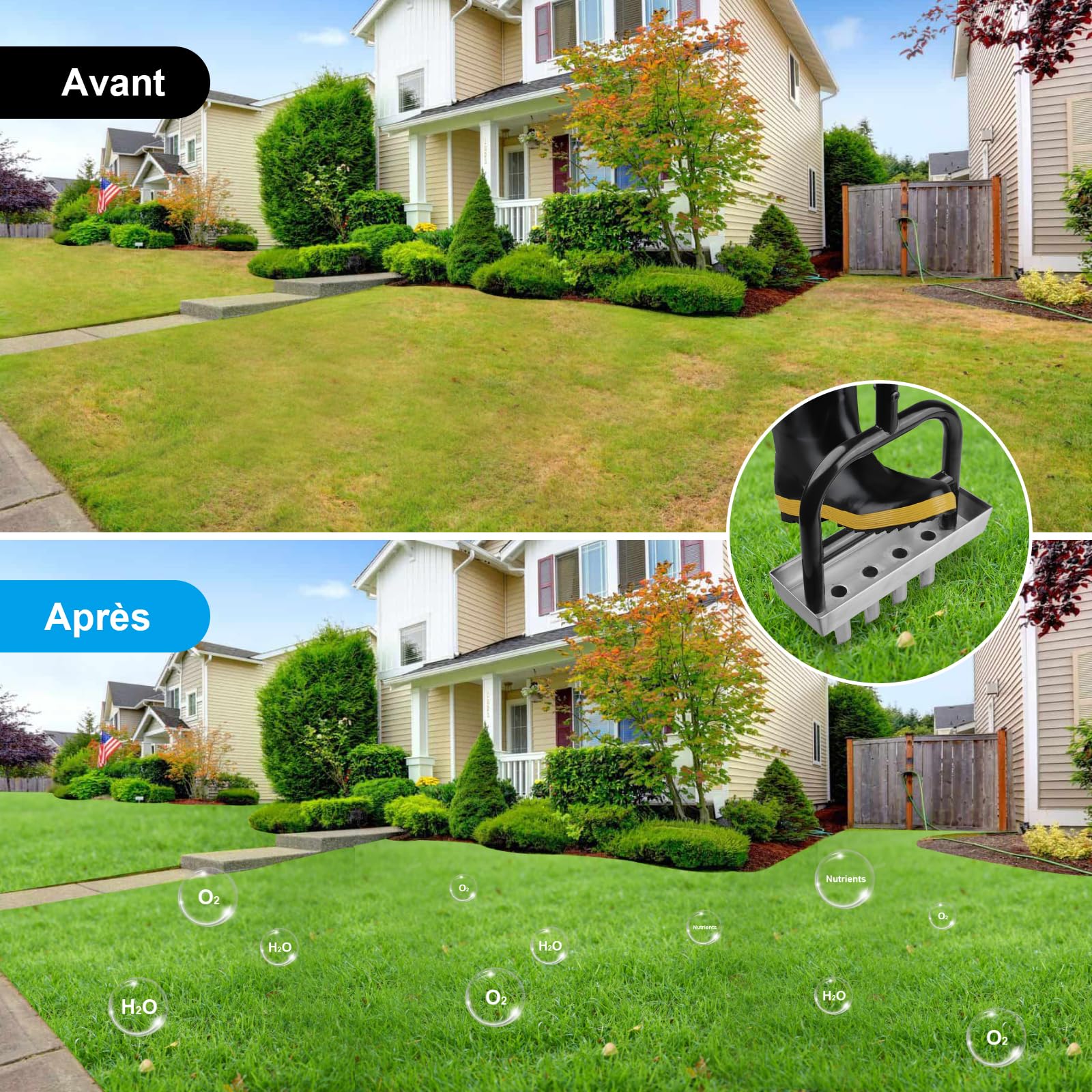 Aérateur de pelouse à 4 trous avec plaque de rangement - Acier au carbone revêtu par pulvérisation + aiguilles creuses en acier inoxydable - Effet levier - Ameublement du sol pour le jardin et