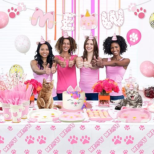 Miniatura 7 de 167 piezas de suministros para fiesta de cumpleaños de gatos Cartel de gatito MEOW, platos de papel de gato, servilletas, vasos, manteles,