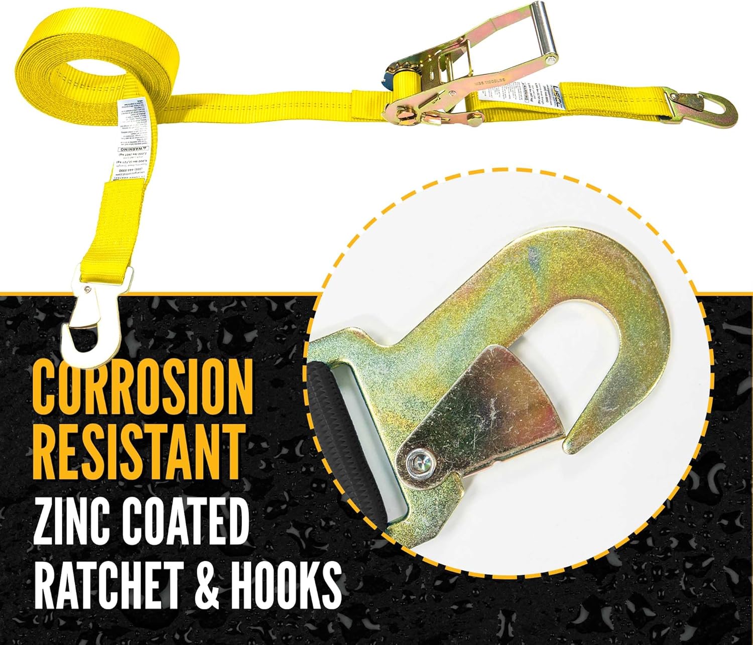 US Cargo Control Ratchet Strap with Snap Hook, 2 Inch Wide X 30 Foot Long, Yellow Weather Resistant Webbing, 2,000 Pound Working Load Limit, 4 Pack