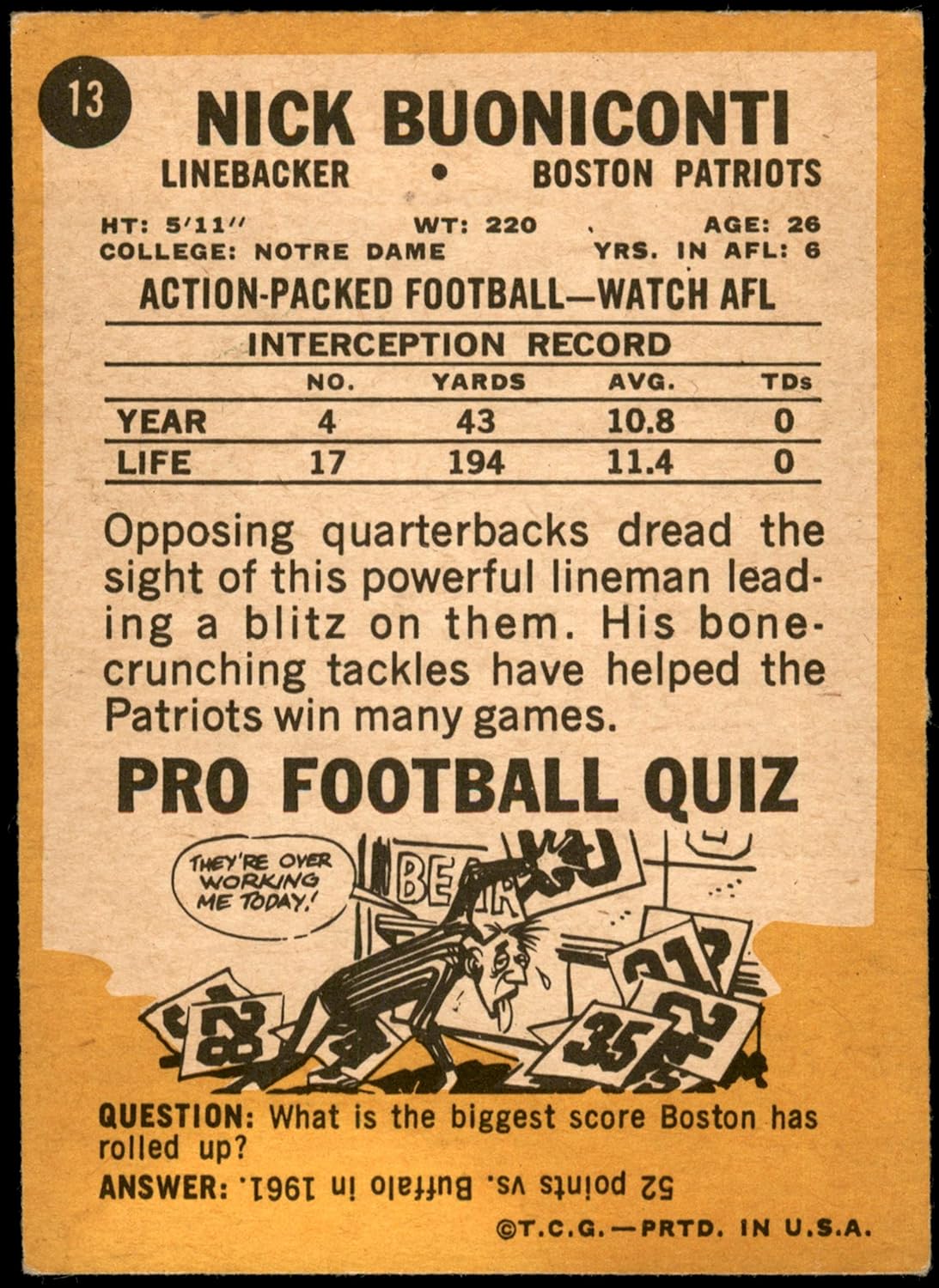 1967 Topps #13 A Nick Buoniconti New England Patriots (Football Card) (Back is Gold in Color) EX Patriots Notre Dame