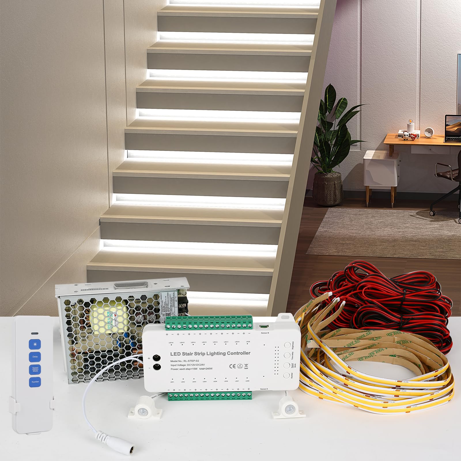 TWSOUL 9 Modes LED Motion Sensor Stair Light Controller DC12-24V Complete Set with Power Supply, Remote Control and 16 Pcs Strip for Light(16 Channels 4000K set)
