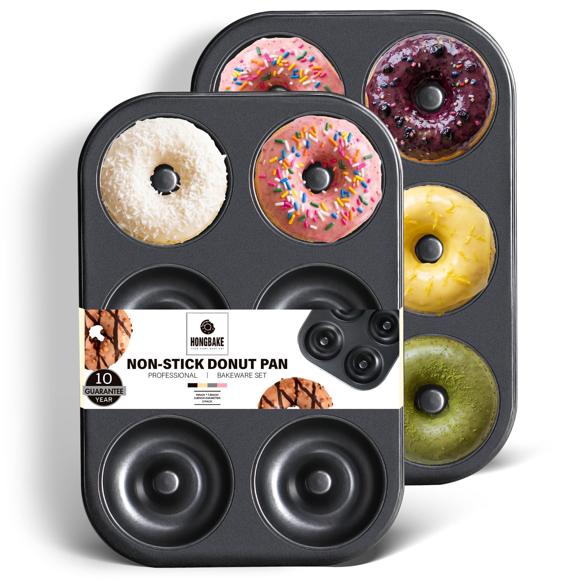 HONGBAKE Paquete de 2 sartenes para hornear, mini donut molde de 6 cavidades, Profrssional Doughut Bagel Pan, bandeja antiadherente para agujero de donut – negro