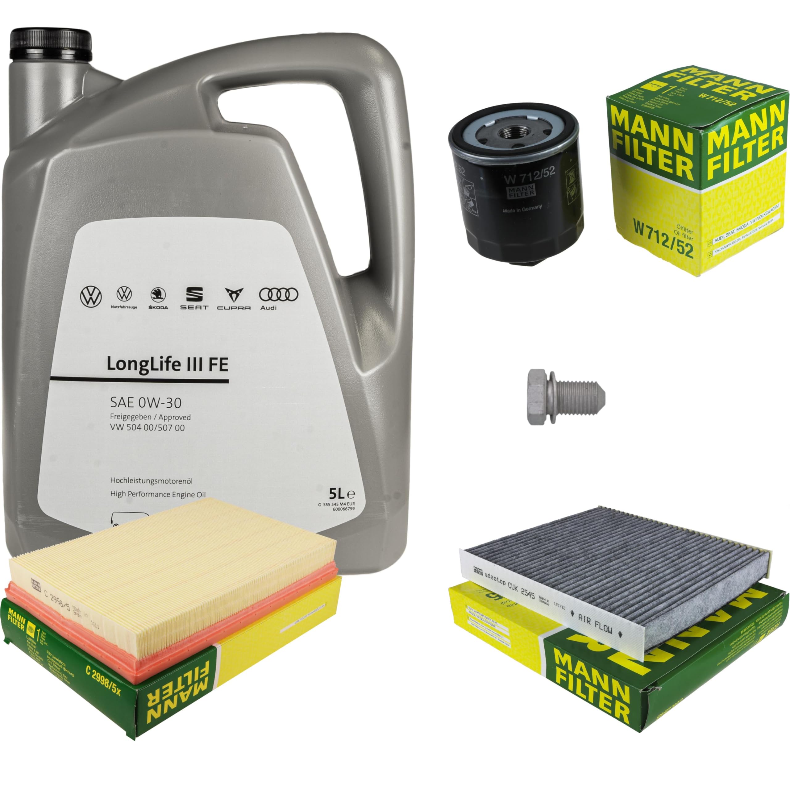 Pacchetto di ispezione pacchetto di manutenzione filtro con 5 l 0W-30 olio motore LongLife 3 FE, filtro dell'olio, filtro dell'aria abitacolo (carbone attivo) vite di scarico dell'olio