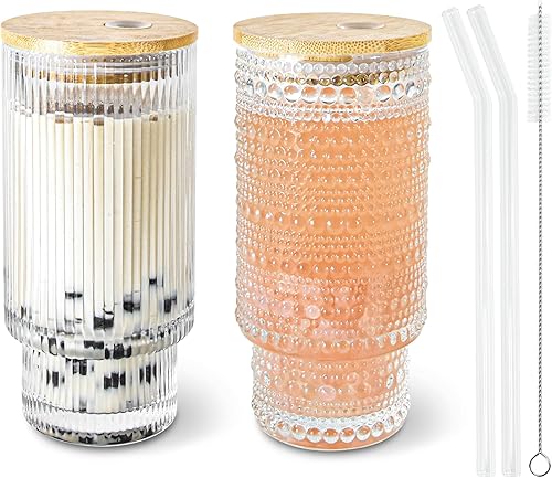Miniatura 12 de Juego de 2 vasos de 16 onzas con tapas de bambú, popotes, cepillo, juego de cristalería para jugo, café helado, cerveza y whisky 2 clavos de 16