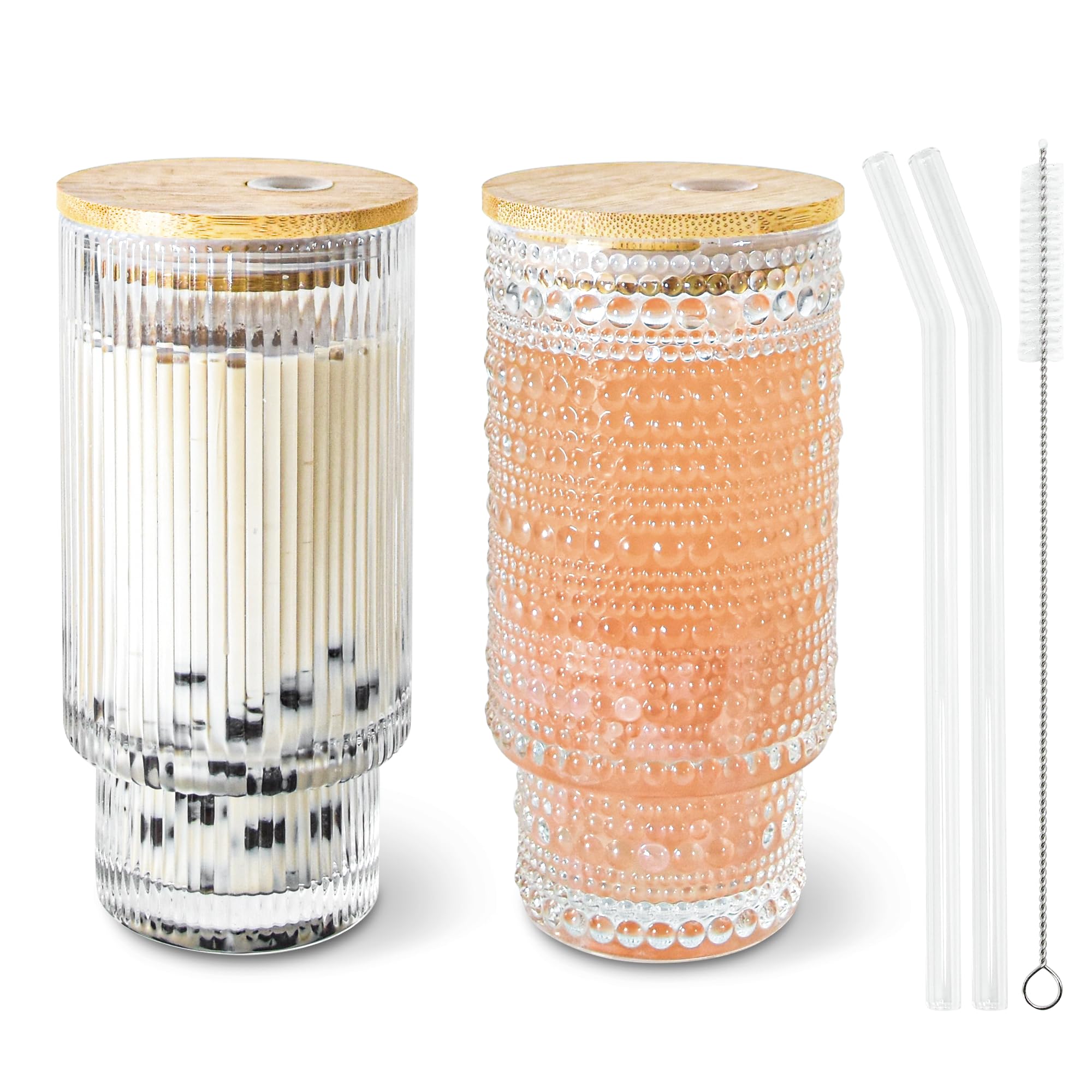 Icesip 16oz Glass Cup with Lids Straws Brush Vintage Glassware for Mojito Iced Coffee Soda Smoothie Whiskey(Ribbed & Hobnail)