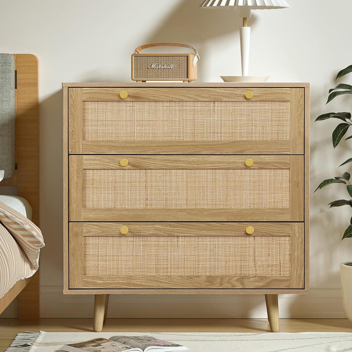 Rattan Cassettiera Camera da Letto, Comò Camera da Letto Moderno con 3 Cassetti, Gamba in Legno Massello, per Ingresso, Soggiorno, Cameretta e Corridoio 80 x 40 x 91.4 cm