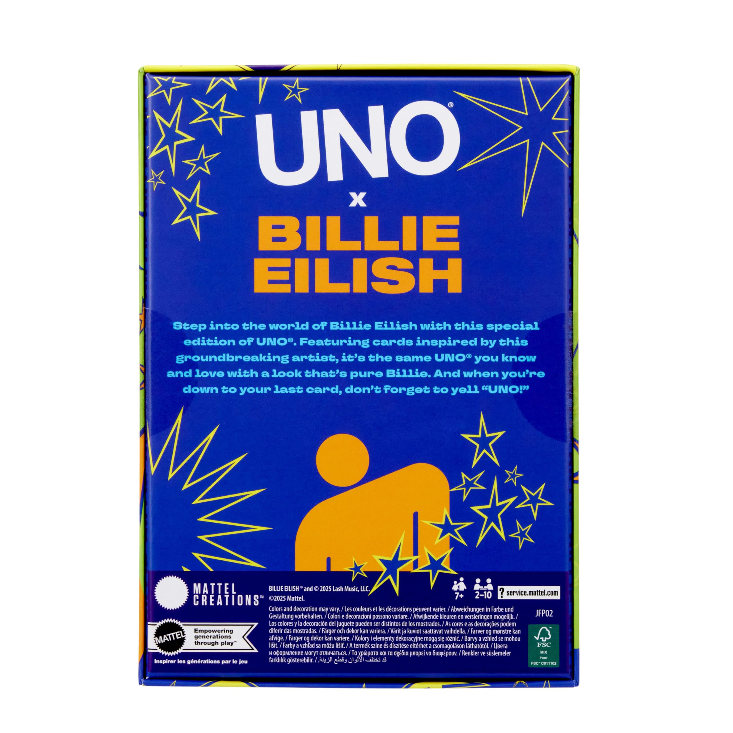 Mattel Games Gry Mattel Karty UNO Canvas Billie Eilish Towarzyska gra karciana, rodzinna i imprezowa, dla dzieci i dorosłych, karty z grafikami wybranymi przez artystkę, zabawka 7+, JFP02