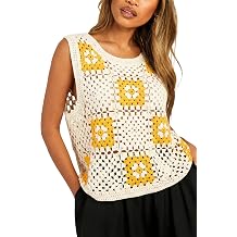Allimy Womens Patchwork Hollow Out Checkered Crewneck Crochet Knit Tanks Tops Sleeveless Tanks Top Vest