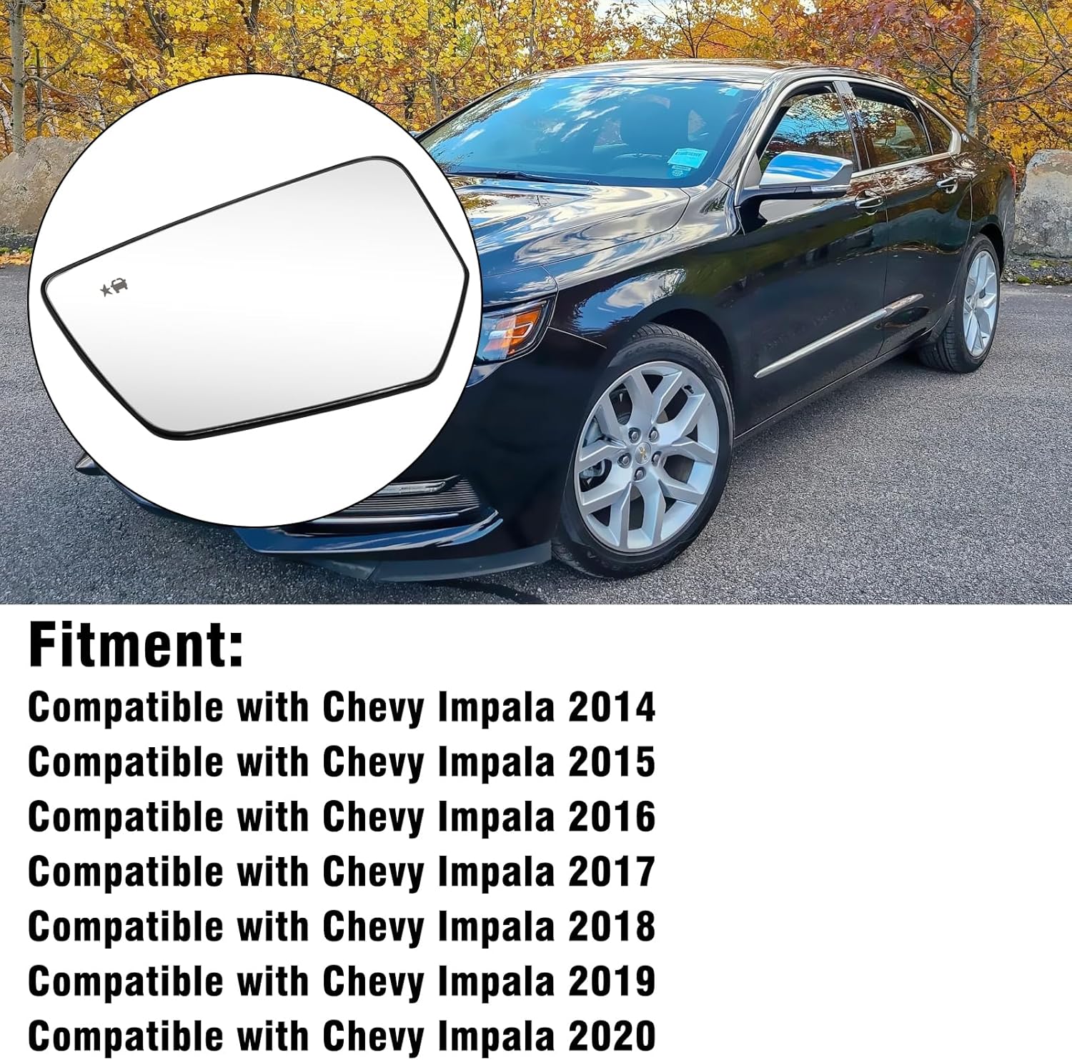 1PC Compatible Chevy Impala Side Mirror Glass Replacement with Power Heated & BSD Blind Spot Functions 2014 2015 2016 2017 2018 2019 2020, Driver Side Chevy Impala Rear View Mirror Glass-Left