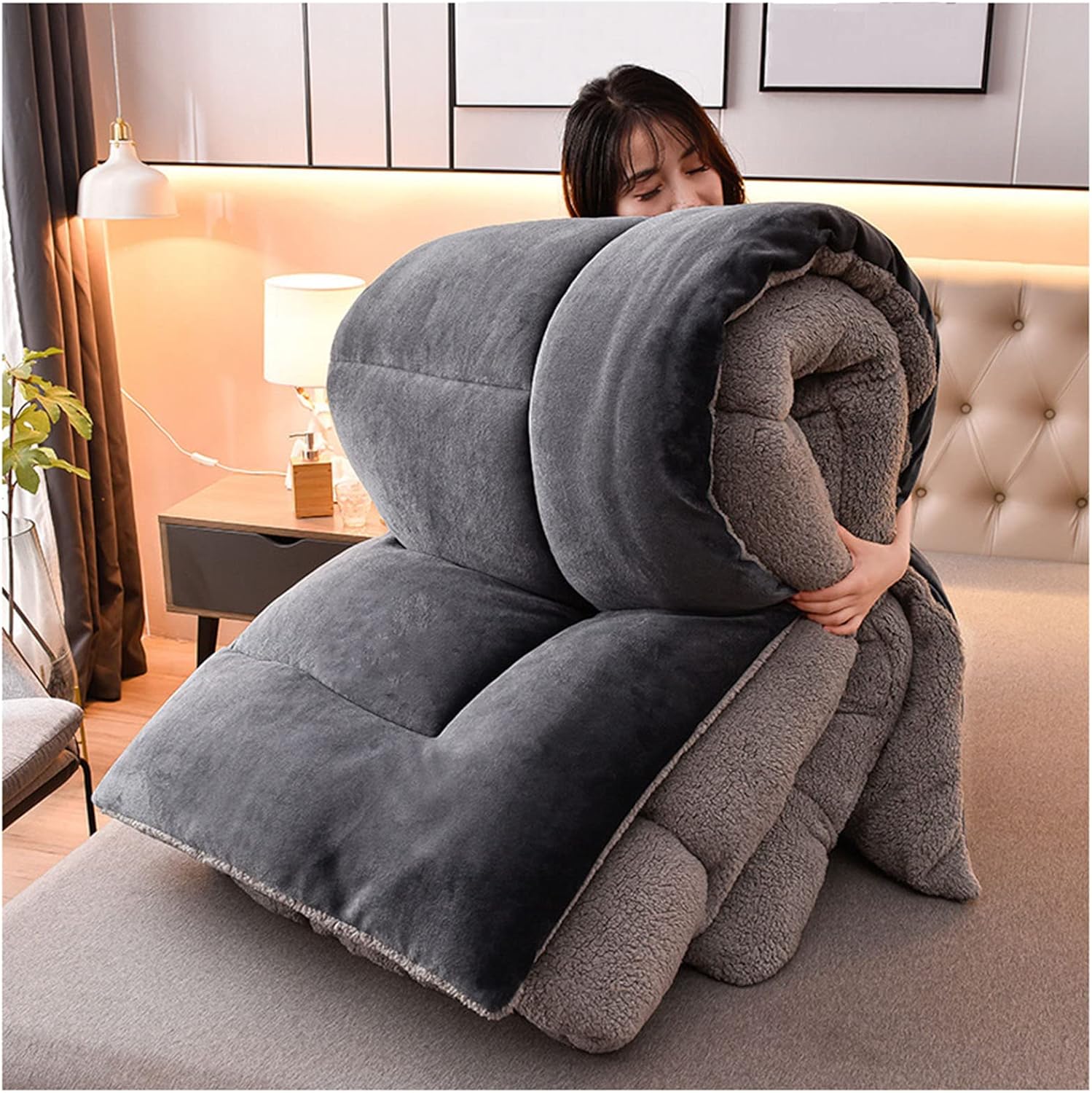 ZTGL Thickened Super Warm Winter Quilt Grey Flannel Fleece/Wool Like Double Fabrics, Breathable Warmth Fluffy Plush Double Sided Velvet Bed Blanket for Cold Weather,220x240cm(5kg)