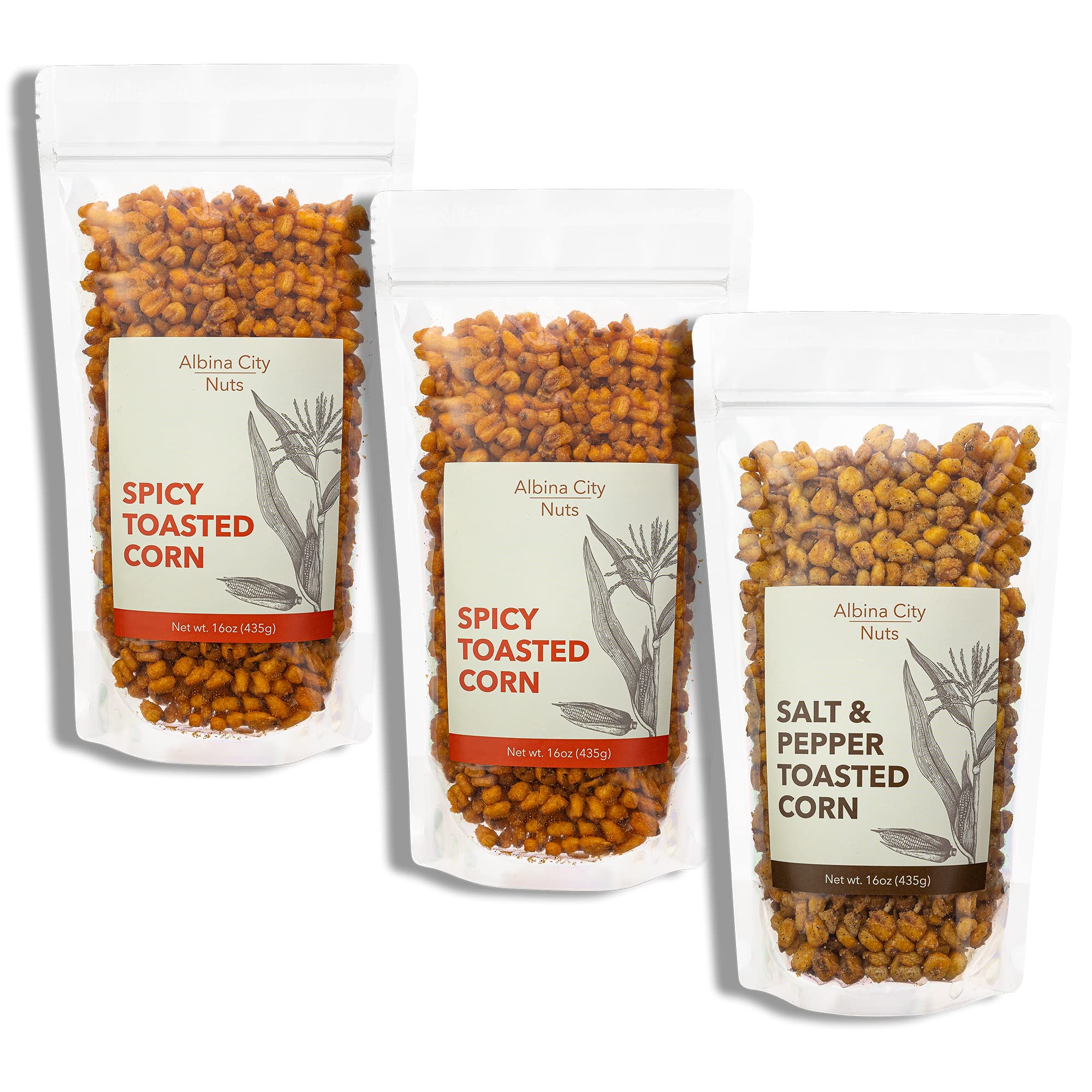 Albina City NutsVariety Pack – Set of Two 1lb Bags of Spicy Toasted Corn & One 1lb Bag of Salt & Pepper Toasted Corn Made from Non-GMO Ingredients, Free of Artificial Flavors or Preservatives – 3lbs