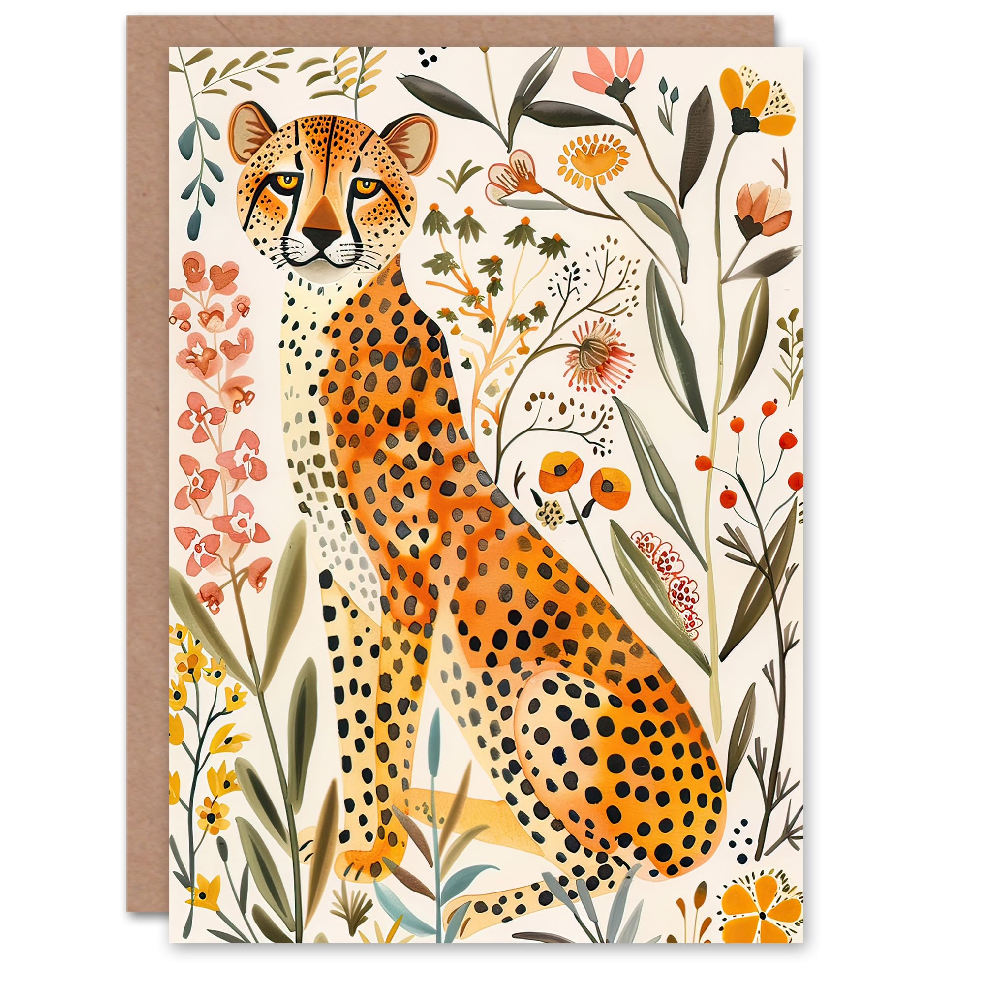 Artery8 Greeting Card Happy Cheetah with Wildflowers Watercolour For Her Woman Birthday Card