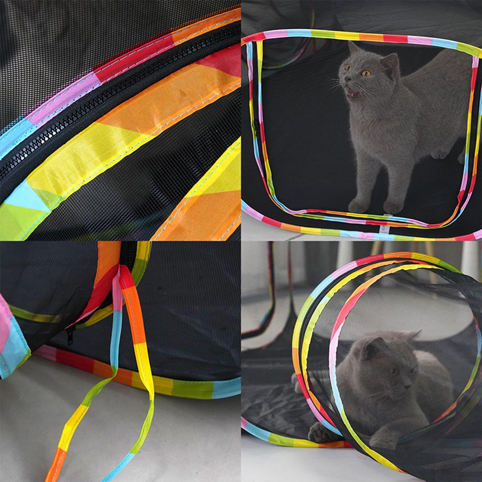 Regenbogen-Katzengehege im Freien, Katzenzelt mit Katzentunnel, außerhalb des Katzenlaufstalls für Kaninchen