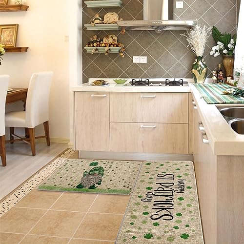 Miniatura 5 de GAGEC Juego de 2 tapetes de cocina para el Día de San Patricio, gnomos de la suerte Sharmrock, para decoración del hogar, cocina, baño, 17 x 27 y 17