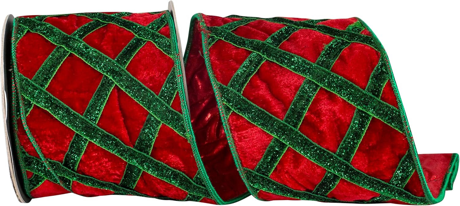 Reliant Ribbon Plush Velvet Lattice Trimming Deluxe, Red/Green, 4 Inch, 5 Yards