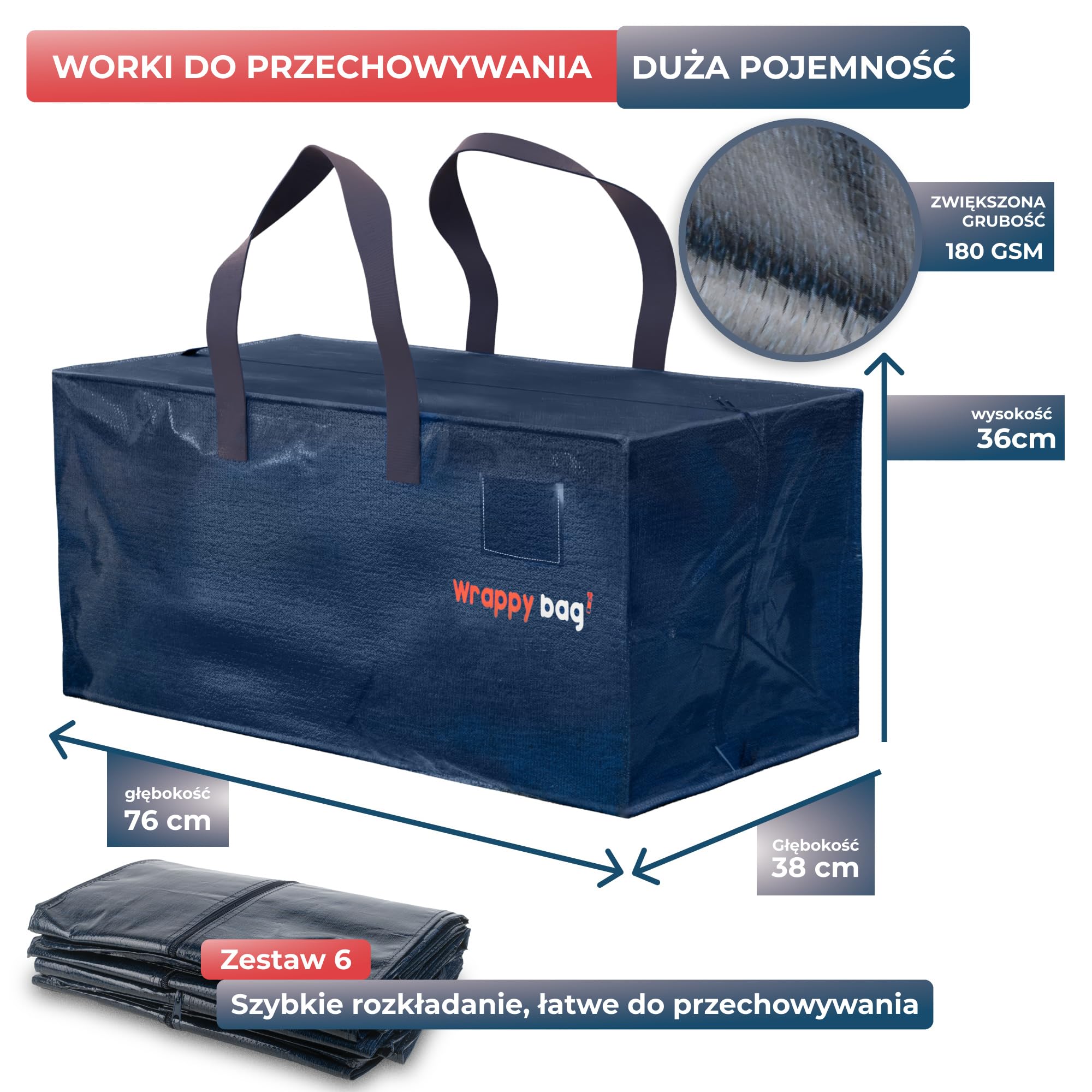 WRAPPYBAG Zestaw 6 Dużych Toreb do Przechowywania w Formie Plecaka – Torby Jumbo XXL – Przeprowadzka Podróż – Solidne, Grube Wodoodporne Wzmocnionymi Uchwytami – Na Odzież, Pościel – 76 x 36 x 38 cm