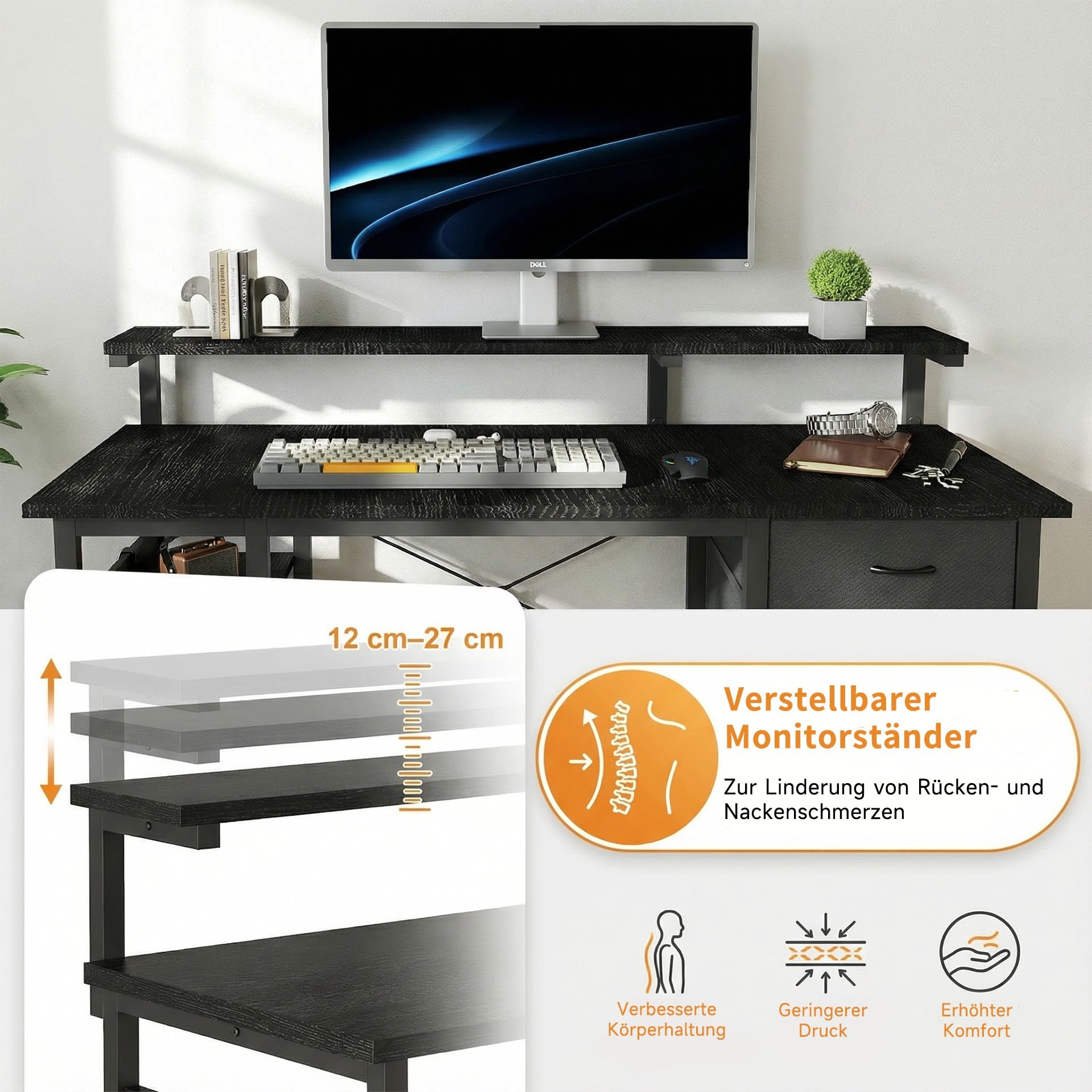 Devoko L-förm Schreibtisch mit 5 Stoff Schubladen,160x120cm Schwarz | Umkehrbarer Eckschreibtisch mit Großer Stauraum,Integrierte Steckdosen, Monitorständer & LED-Beleuchtung