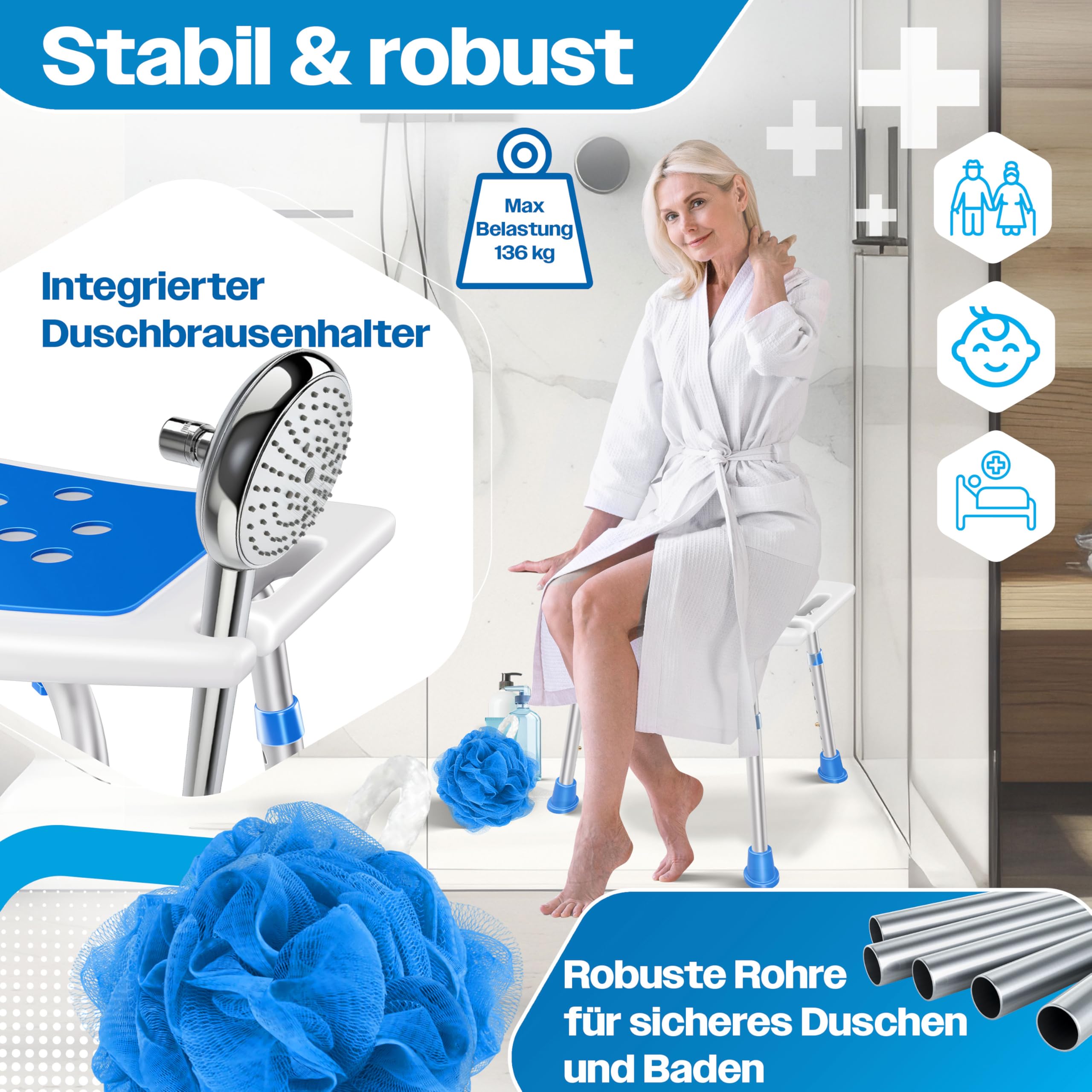KESSER Sgabello da doccia regolabile in altezza, leggero, piedini in gomma antiscivolo, portata massima di 136 kg, supporto doccia per anziani, maniglia per vasca da bagno, sedile doccia