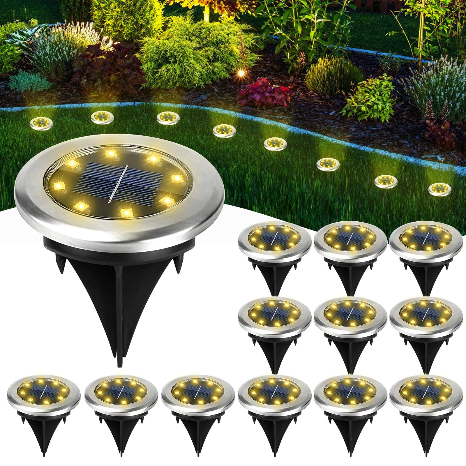 Vegena Solar Lights Outdoor Garden, 12 Pack Solar Garden Lights, 8 LEDs Mini Ground Light, Waterproof Powered Pathway Light for Yard Lawn Patio Pathway