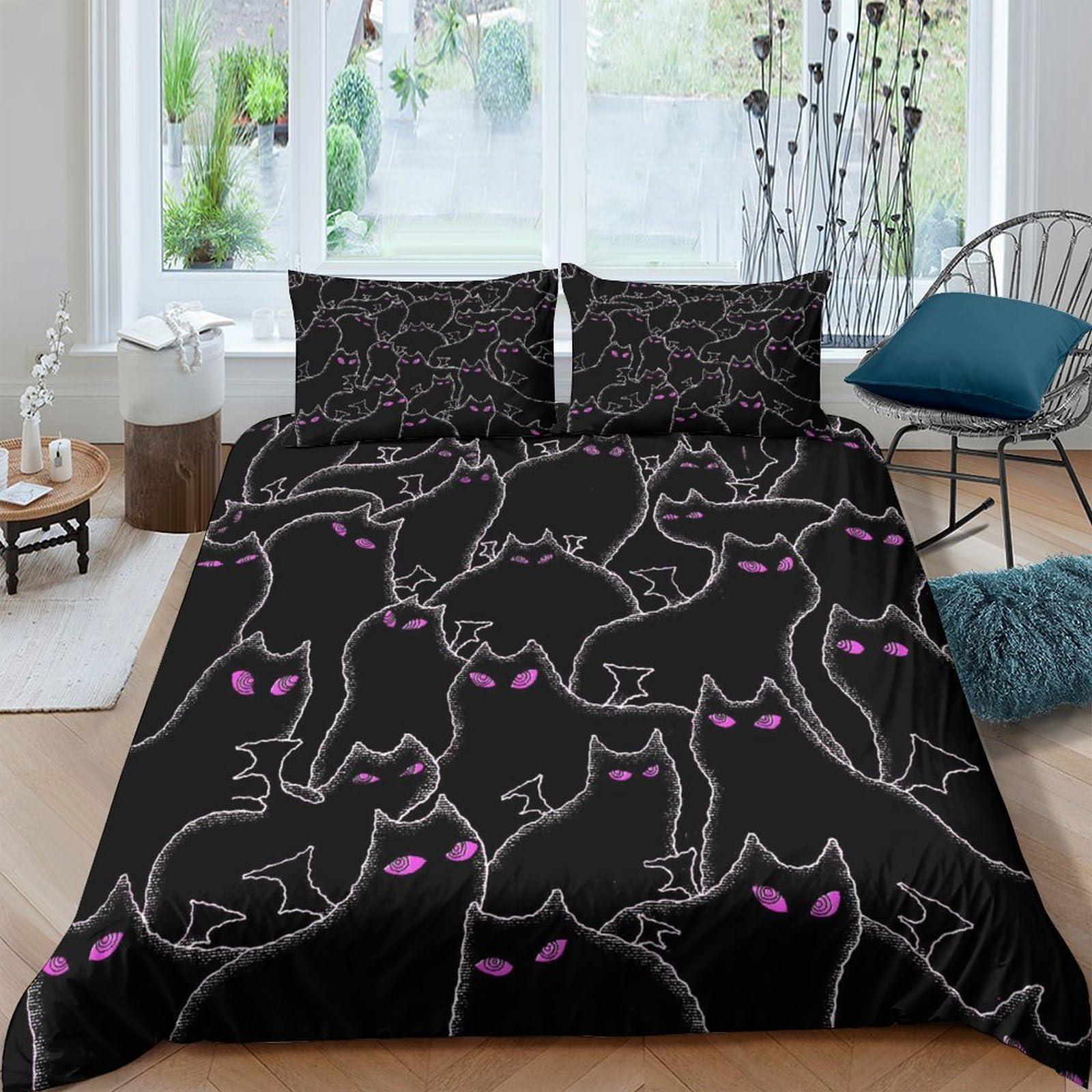 Housse de couette chat aux yeux violets 220x240 parure de lit 3 pièces