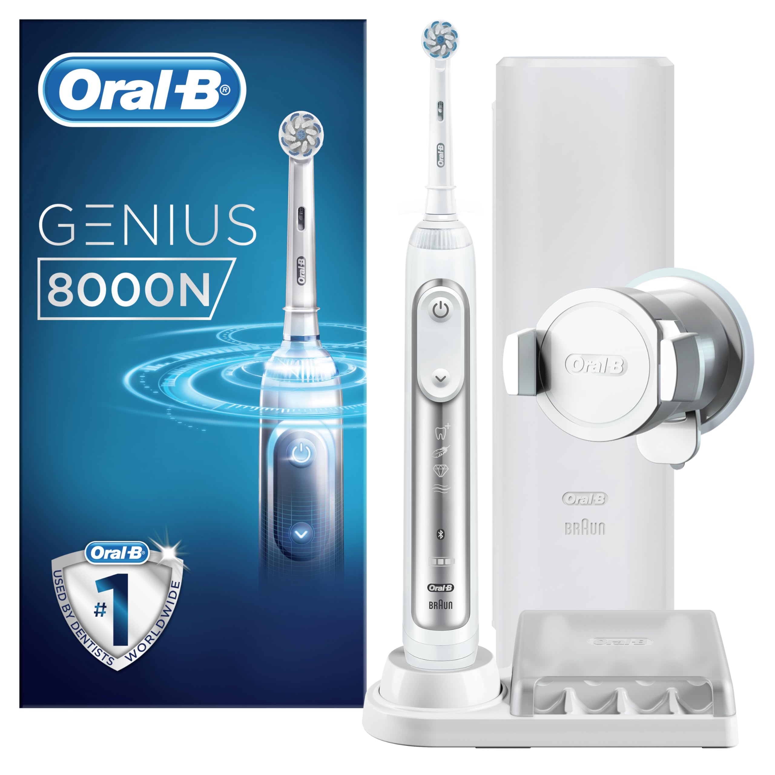Oral-B Spazzolino Elettrico Ricaricabile Genius 8000N Con 1 Manico Argento, 1 Testina Di Ricambio, 1 Custodia Da Viaggio Premium E 5 Modalità, Tra Cui Sbiancante, Denti Sensibili E Protezione Gengive