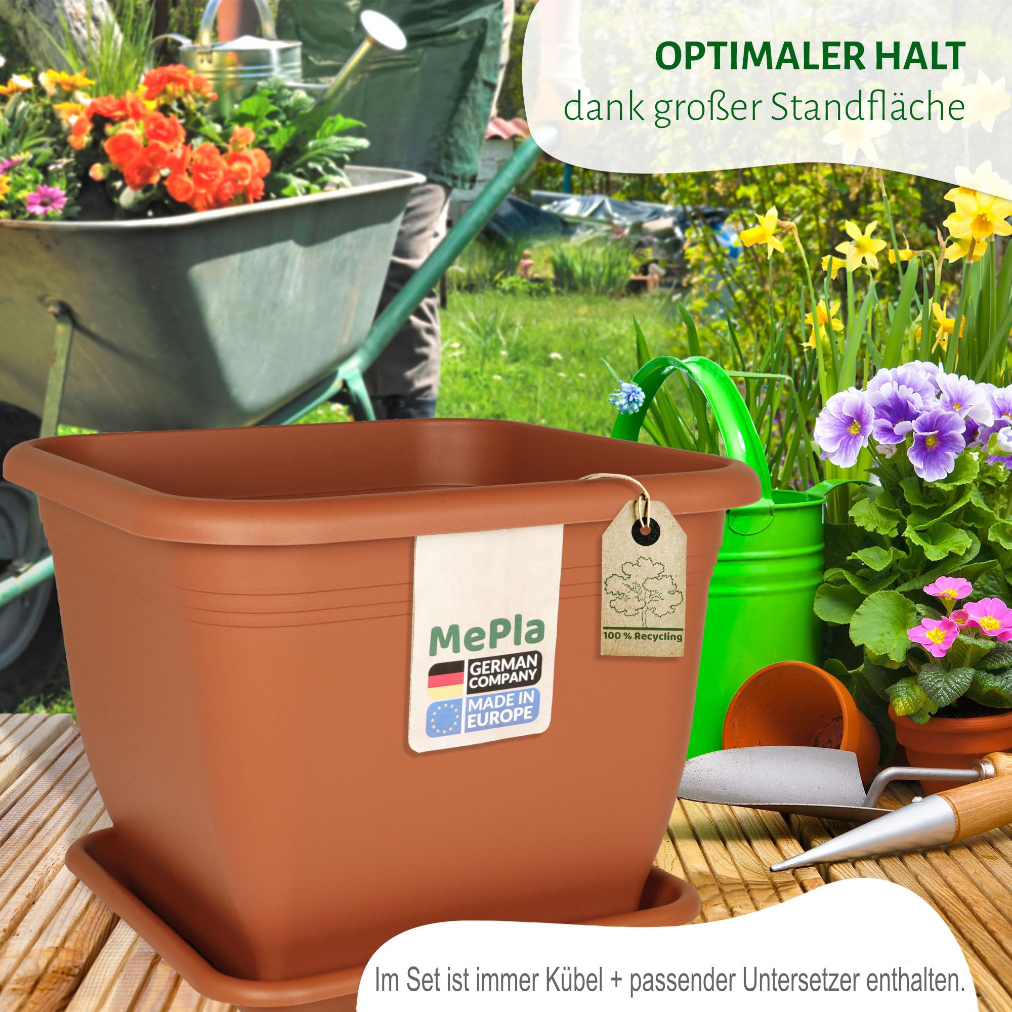 MePla - Pot de fleurs bac à plantes carré 58x58 cm + soucoupe 49x49 cm, terre cuite, résistant aux intempéries en plastique résistant aux UV