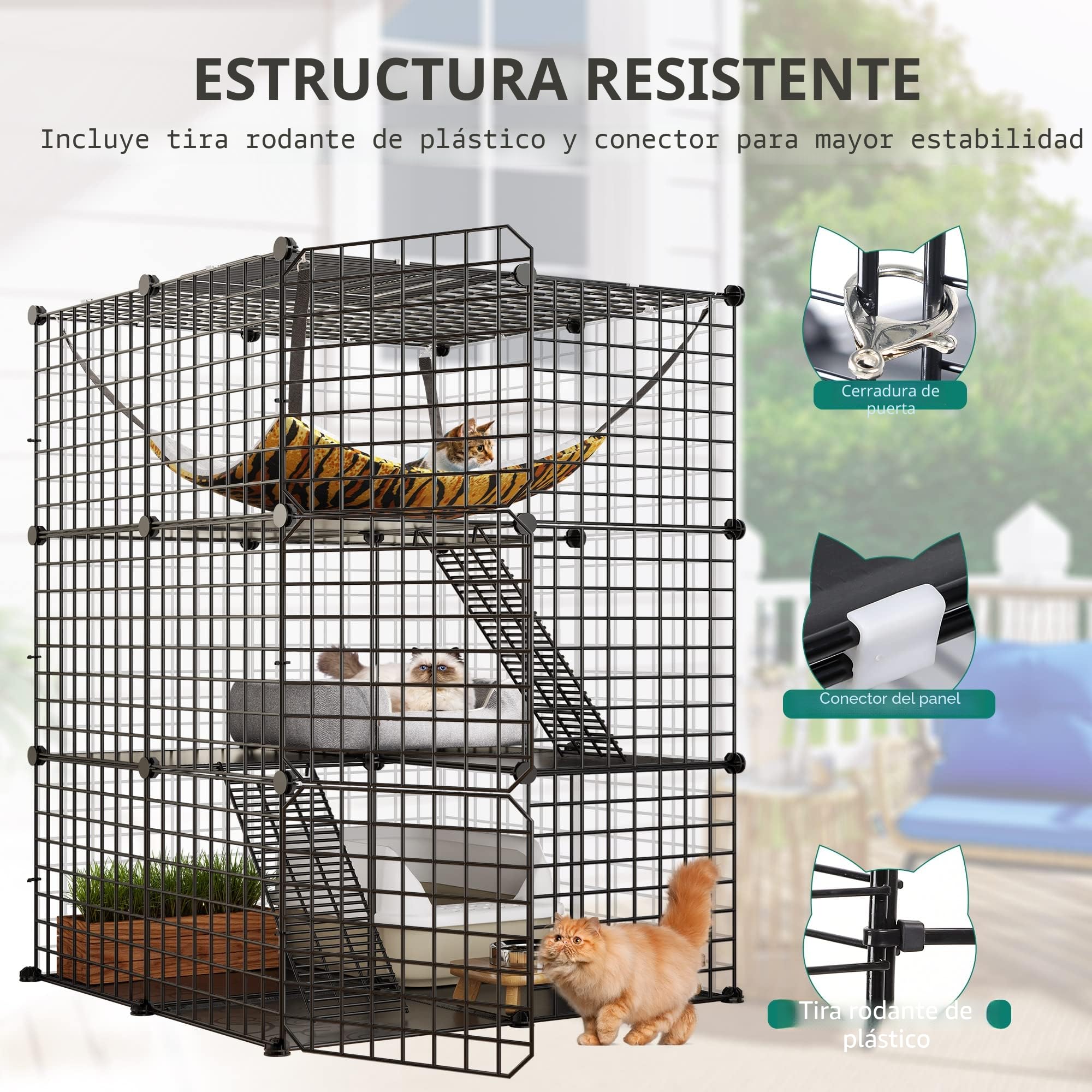 YITAHOME Jaula para Gatos de Interior, 3 Niveles, 3 Puertas, Negro, Jaula para Mascotas con Hamaca Extragrande