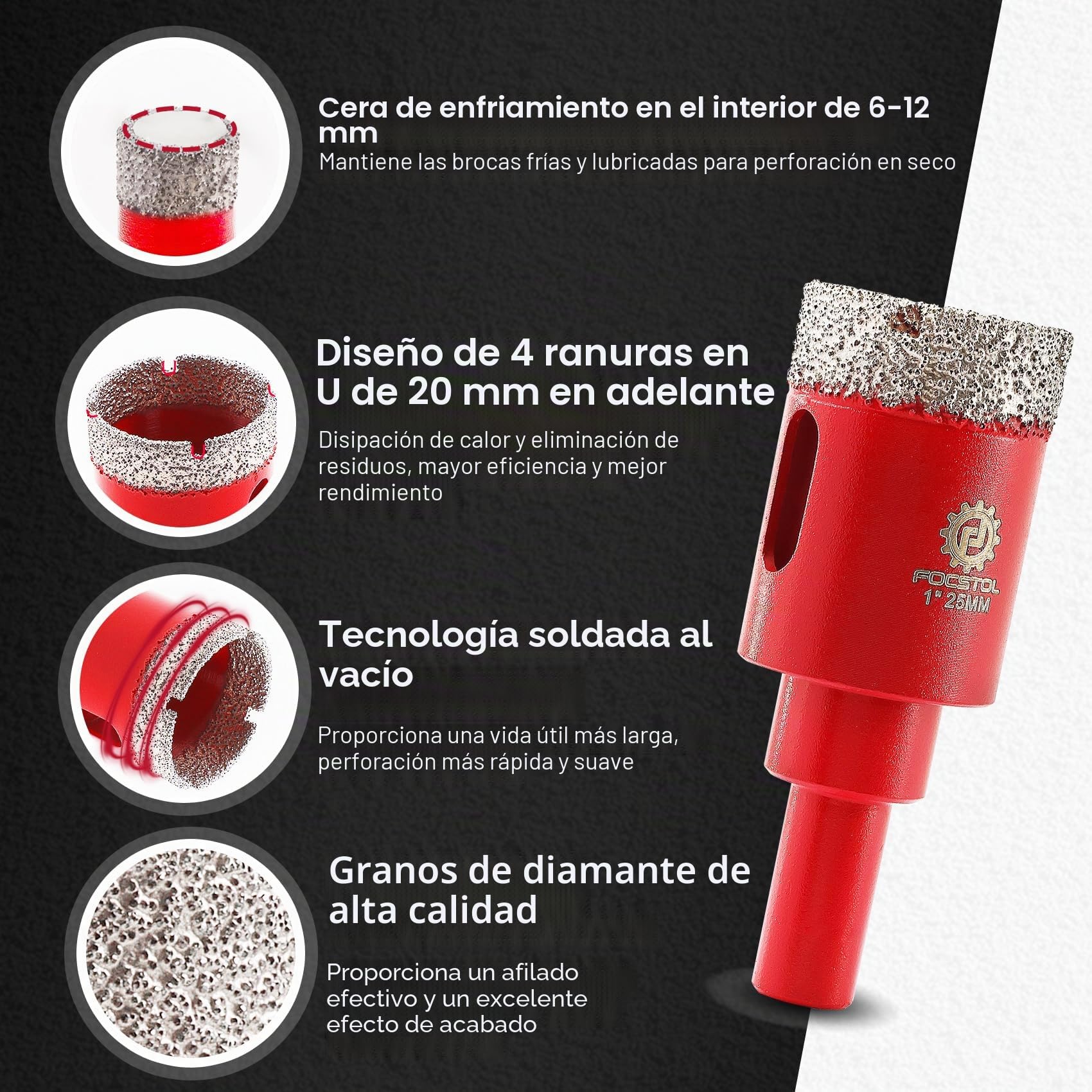 FOCSTOL Juego de Brocas Diamante - 8 piezas 6/8/10/12/20/25/32/35mm Fresa Diamante con Mango Redondo para Porcelanico Cerámica Mármol Granito