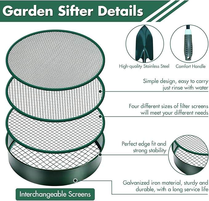 The Soil Sifter is a 11.8" fine mesh stainless steel sifter designed for gardening and composting. It comes with four interchangeable filter mesh sizes (3, 6, 9, 12mm) that allow you to sift through soil, sand, rocks, dirt, and compost with ease. The sifter also includes a shovel, making it a convenient tool for any gardener or landscaper.