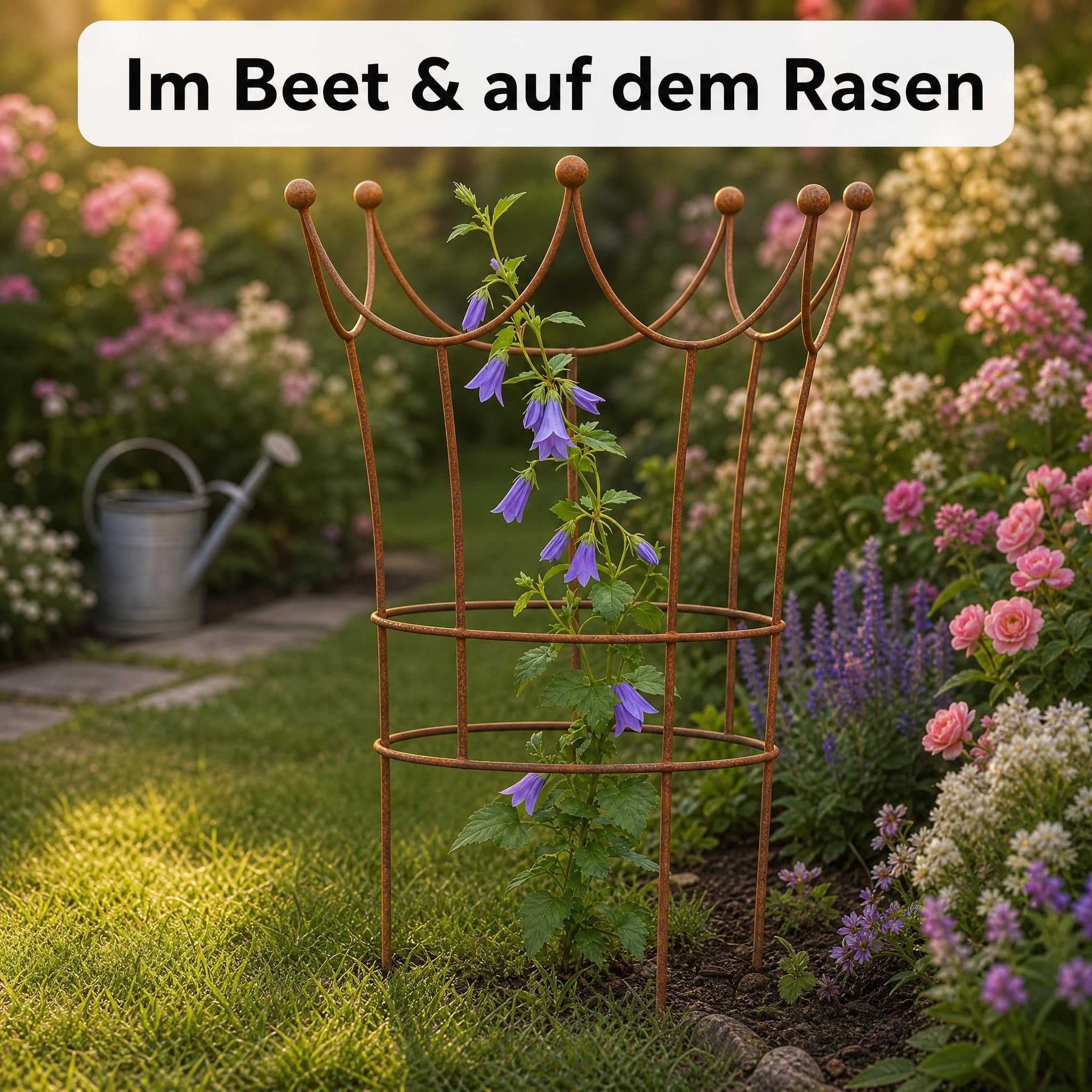 Pflanzenstütze in Edelrost, Staudenstütze Metall in Kronenform, Rankhilfe Garten & Rosenstütze, bepflanzbar, wetterfest, 60 × 50 cm, dekorative Gartendeko Vintage