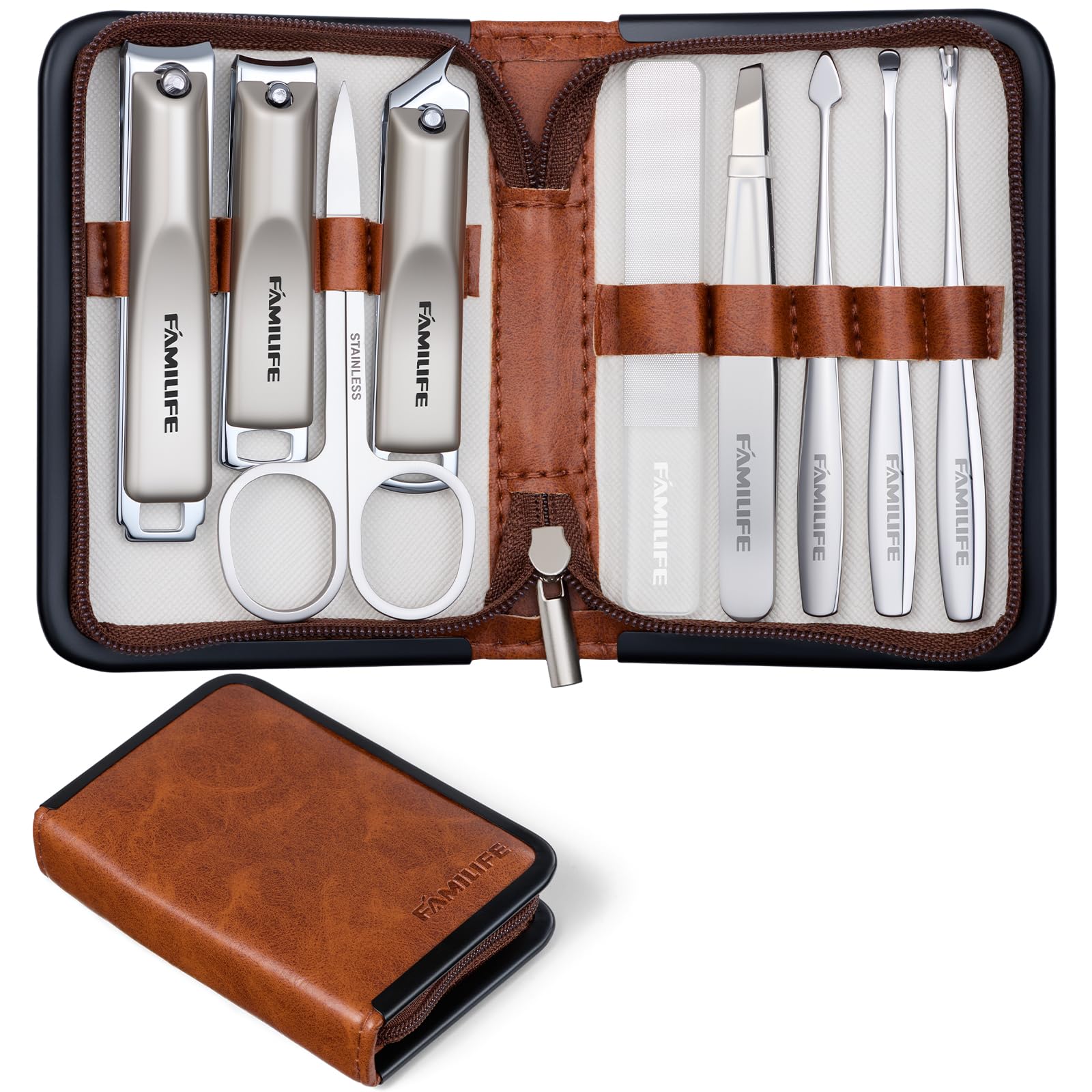 FAMILIFE Manicure Kit for Women 9 Pcs Compact Carbon Steel Nail Grooming Kit with Case Classic Brown Travel